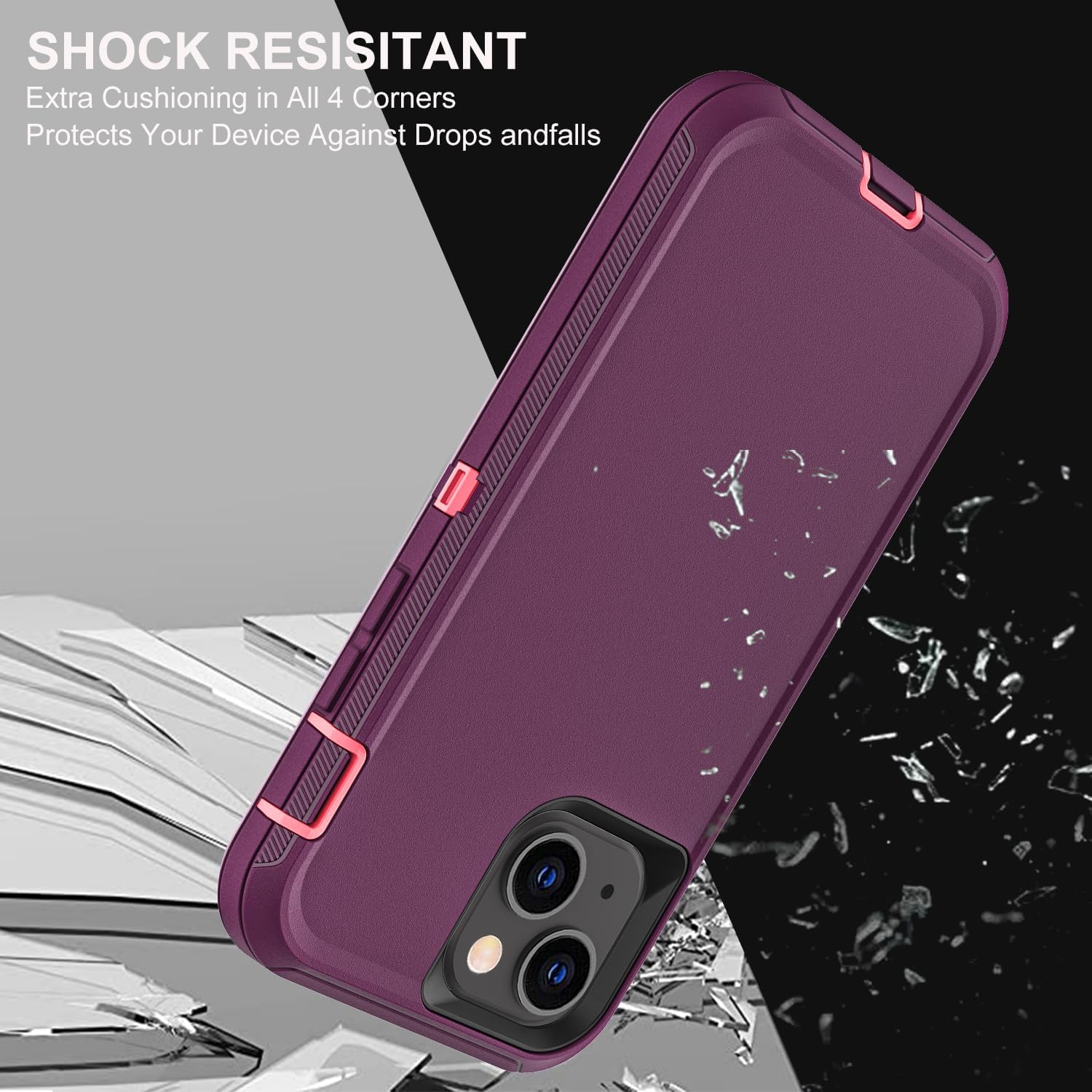 for iPhone 15 Case, Military Grade 3 in 1 Heavy Duty Shockproof/Drop Proof/Dust Proof Case with 2Pcs Tempered Glass Screen Protector (Purple/Pink) - Image 5