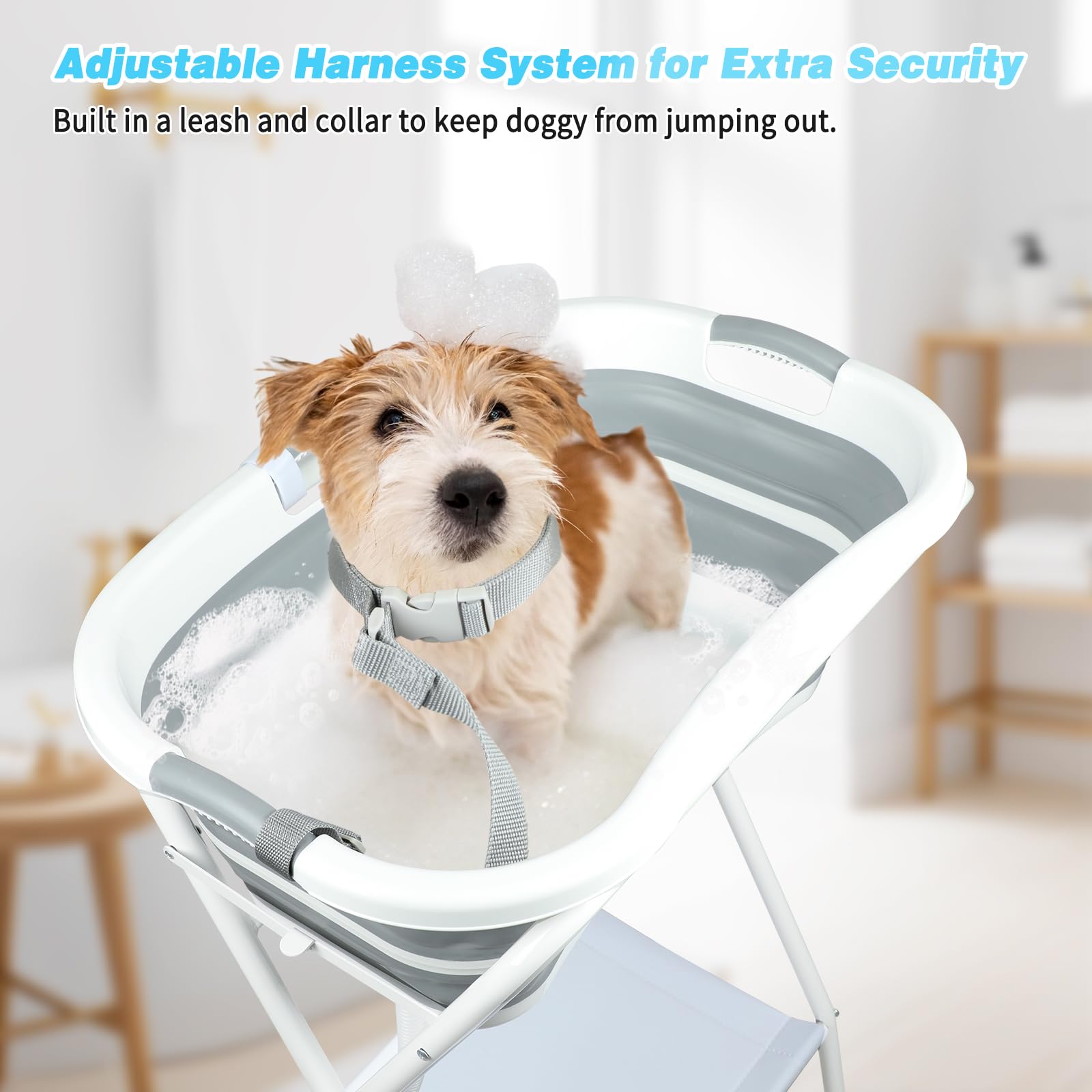 FHTONGE Erhöhte Hunde-Badewanne, Fellpflegestation mit Abfluss, verstellbares Halsband, zusammenklappbare Hundepflege, 2-in-1, tragbare Hundewaschstation, Haustierwanne für kleine, mittelgroße Hunde