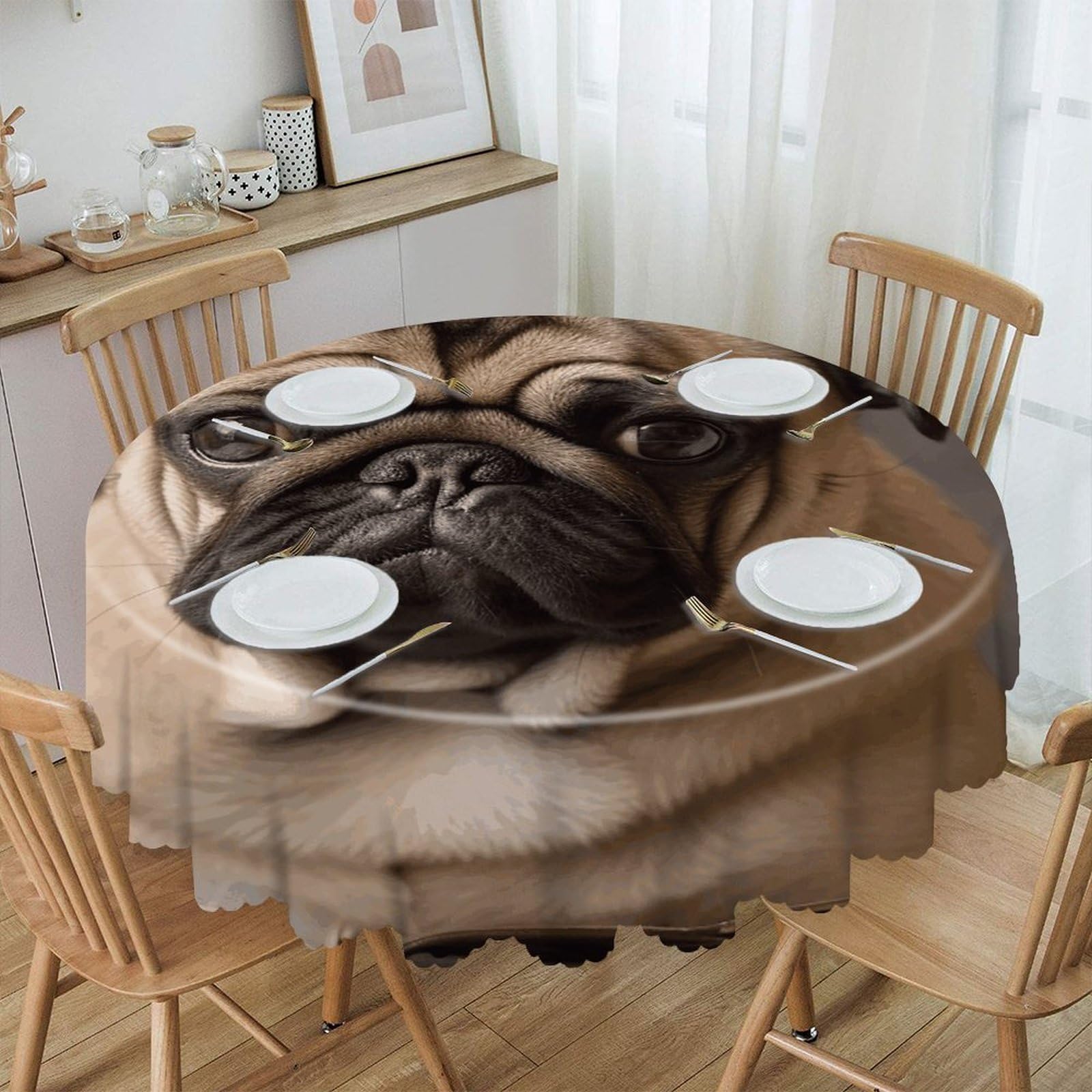 VstaDank 60 Inch Round Animal Pug Dog Tablecloth Polyester Waterproof Wrinkle Free Table Cloth Spillproof Washable Table Cover Colorful Tablecover Decor for Home Kitchen Dining Party