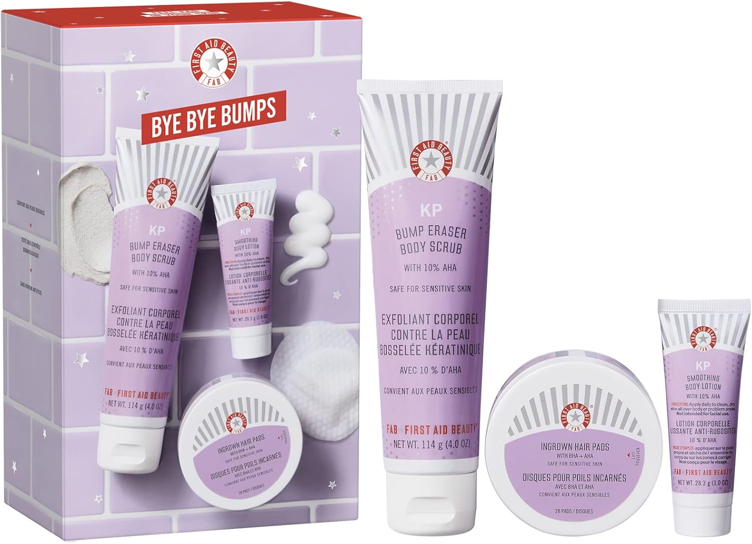 First Aid Beauty Bye Bye Bumps Kit – 3 Exfoliating Favourites – KP Bump Eraser Body Scrub with 10% AHA, 114 g, KP Smoothing Body Lotion, 28.3 g, Ingrown Hair Pads, 28 Count First Aid Beauty Bye Bye Bumps Kit – 3 Exfoliating Favourites – KP Bump Eraser Body Scrub with 10% AHA, 114 g, KP Smoothing Body Lotion, 28.3 g, Ingrown Hair Pads, 28 Count