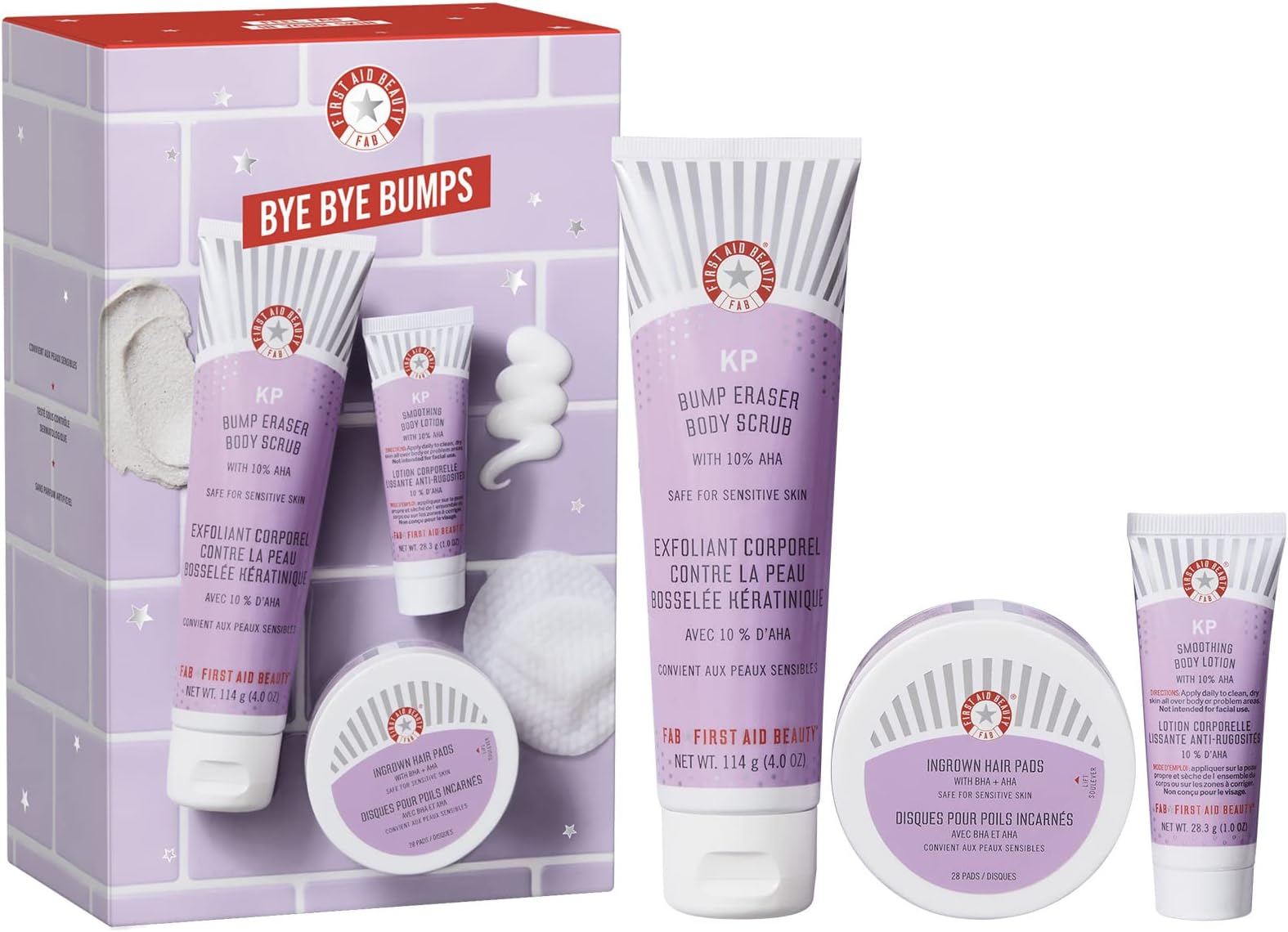 Bye Bye Bumps Kit – 3 Exfoliating Favourites – KP Bump Eraser Body Scrub with 10% AHA, 114 g, KP Smoothing Body Lotion, 28.3 g, + Ingrown Hair Pads, 28 Count