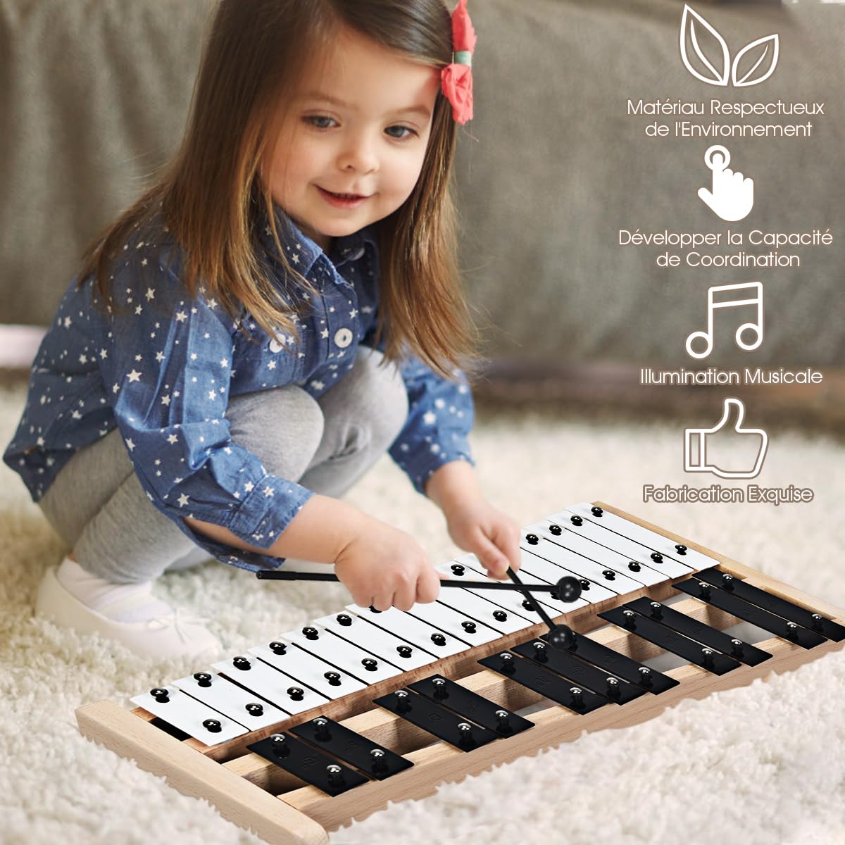 COSTWAY Xylophone à 27 Notes en Aluminium avec 2 Maillets & Cadre en Bois, Chromatique Glockenspiel avec Sac de Transport, Instrument de Percussion pour Adultes et Enfants