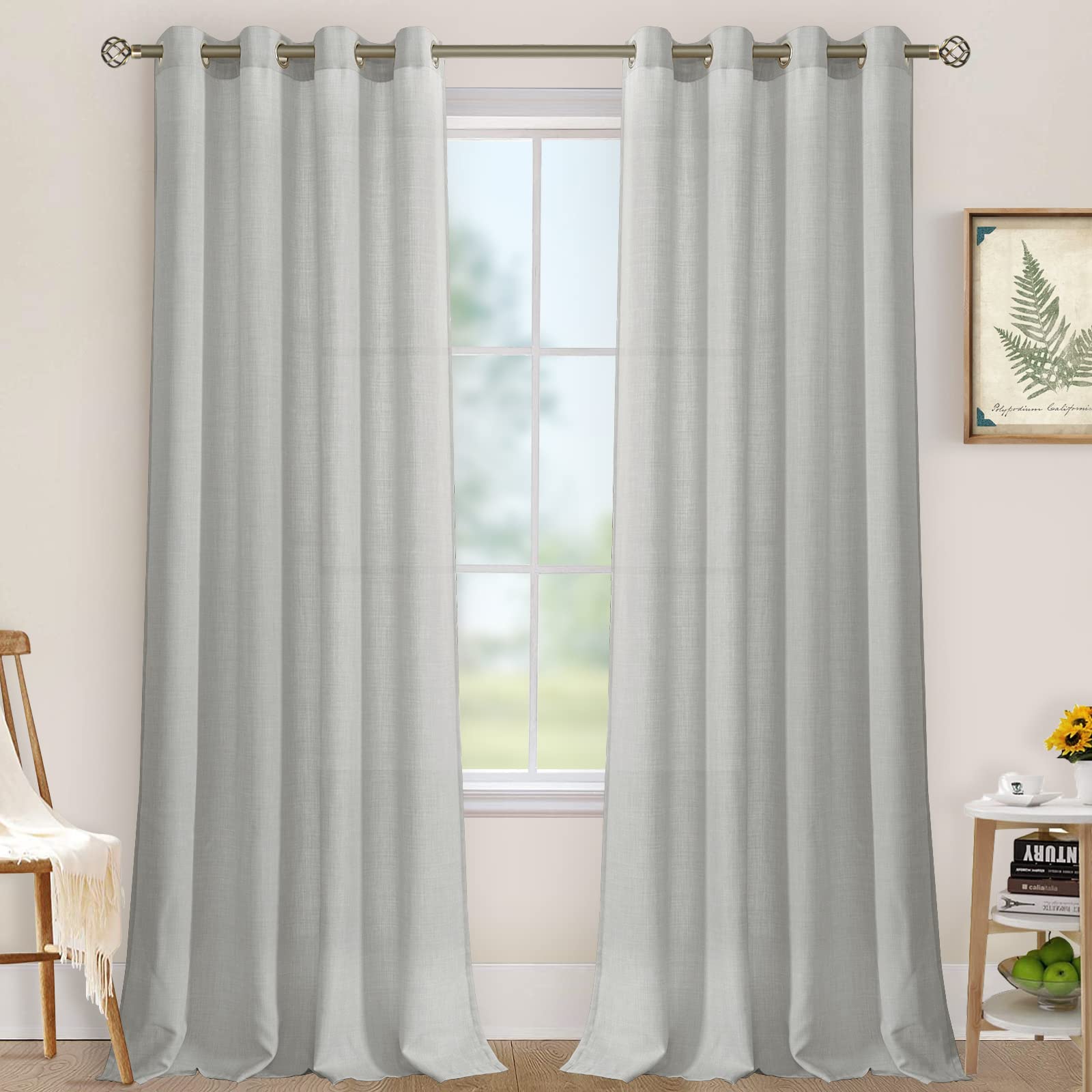 LAMIT Light Grey Linen Curtains 120 Inch for Bedroom, Grommet Thick