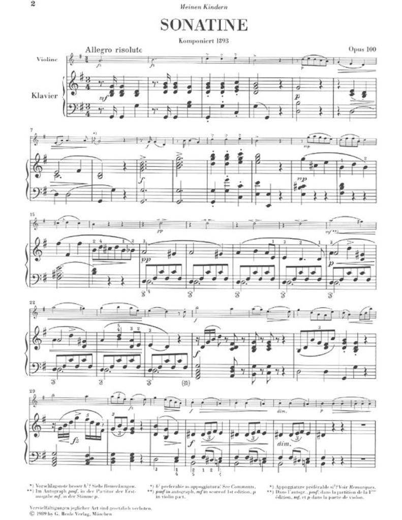 Sonatine Sol Maggiore Op 100 – arrangiamento per violino e pianoforte [Note musicali/holzweißig] Compositore: Dvorak Antonin