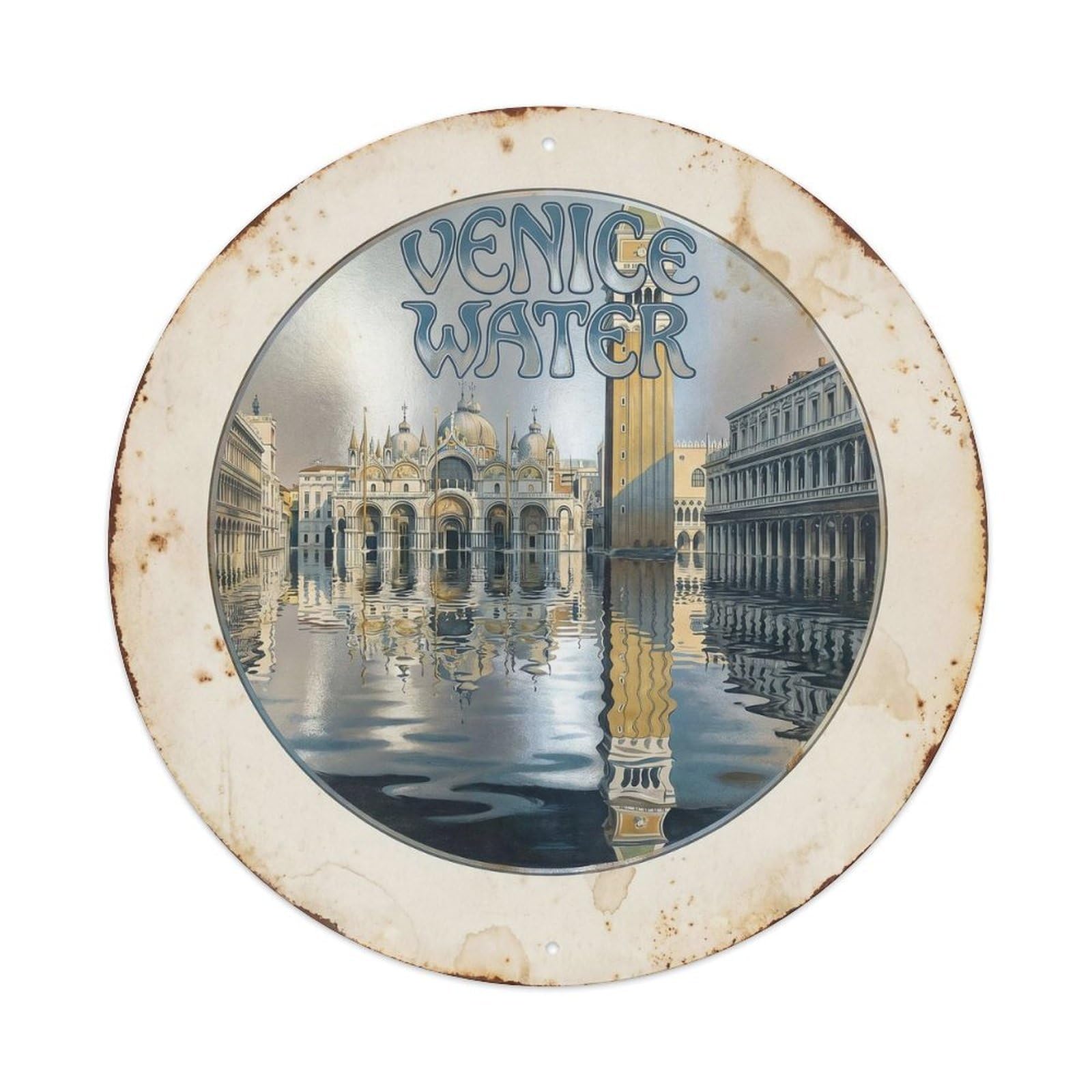 European Venice Piazza Landmark Historic Cityscape Destination Metal Tin Sign Plaque Wall Decor for Cafe, Man Cave, Club Bar, Office, Home Garden Round Metal Poster 8x8Inch