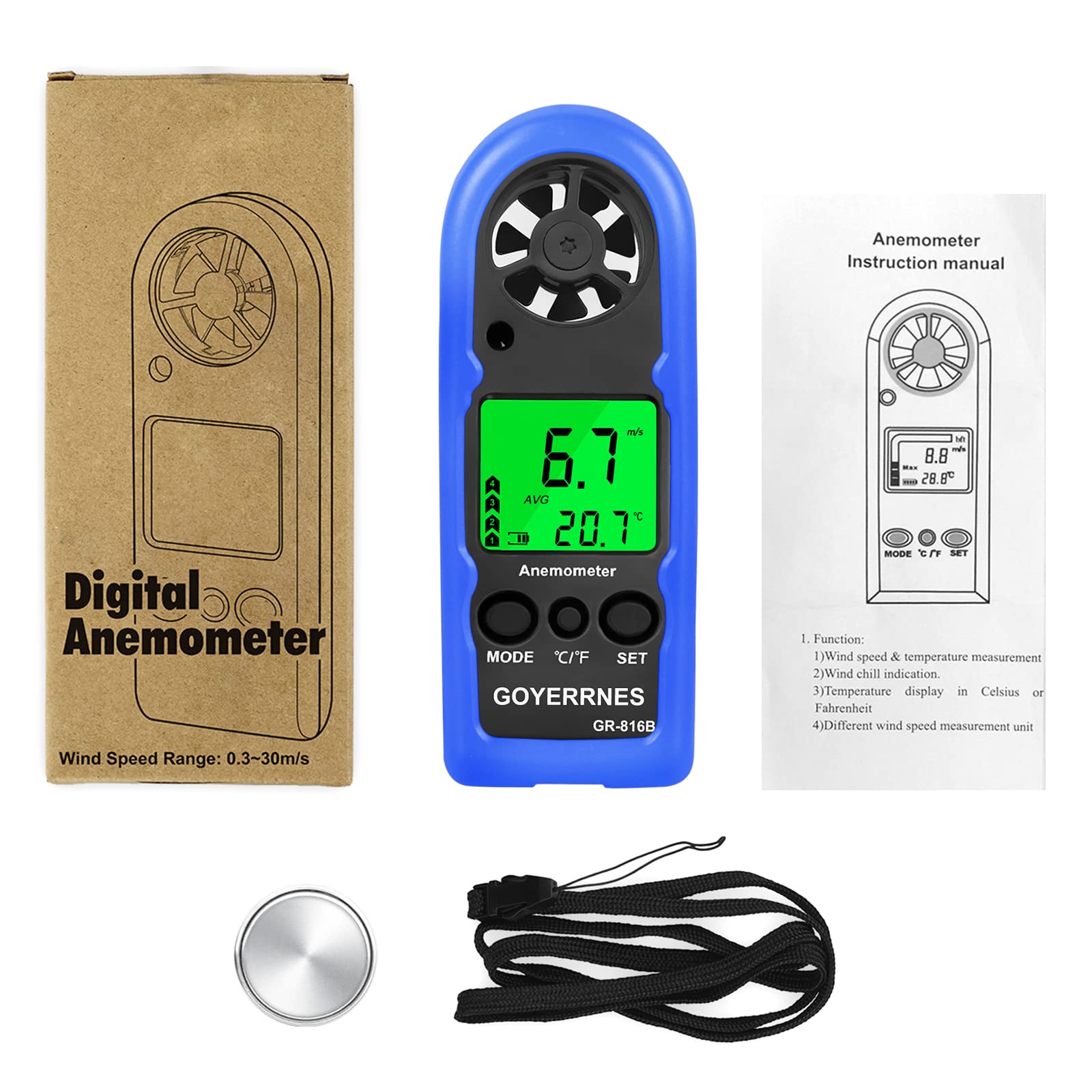 Anemometro Digitale,GR-816B anemometro portatile con velocità del vento 0.3-30m/s,retroilluminazione per misurazione del wind chill,velocità del vento/temperatura(℃/℉)per le riprese Windsurfing Pesca