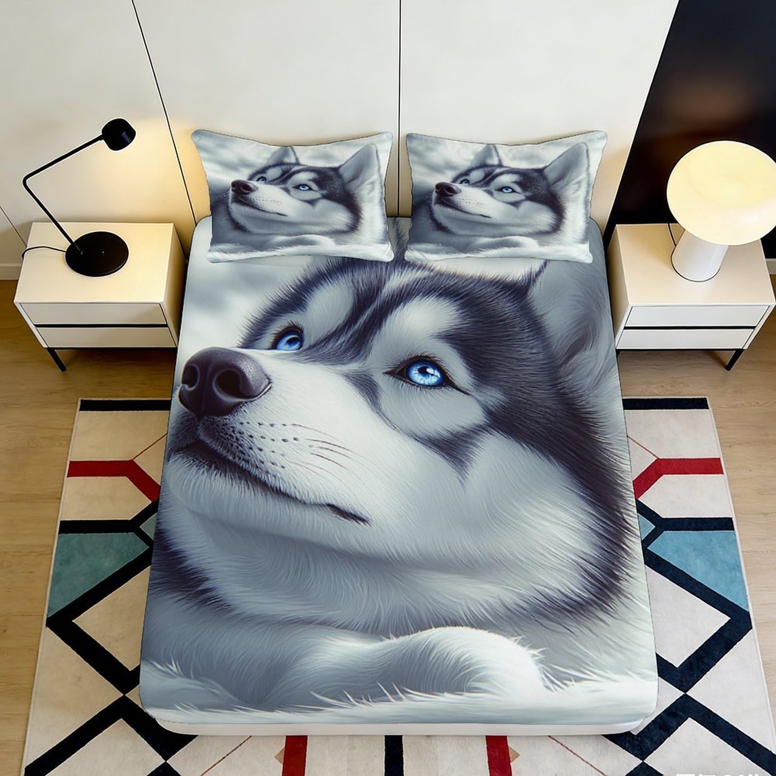 3D Printed Husky Dog Fitted Sheet Microfiber Soft Breathable Wolf Face Bed Cover for Bedroom Dorm Mattress Decor 90x200x25cm