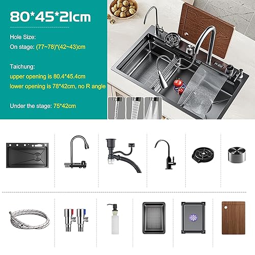 Miniatura 2 de Fregadero de cocina de cascada negra con grifo combinado de lavabo de cristal, función de pantalla digital, botón de piano, lavabo de estación de