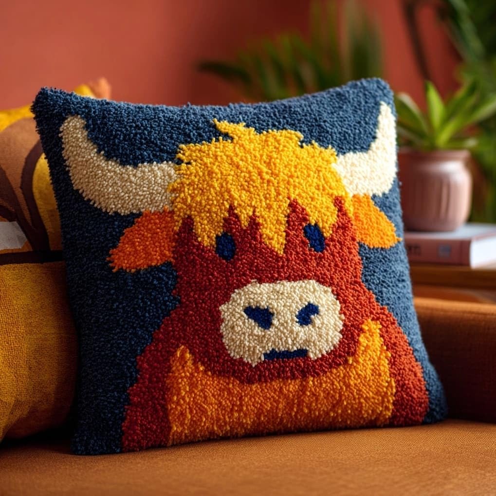 AxiangziK Latch Hook Needlecraft Pillow Kit 43x43cm,Highland Cattle