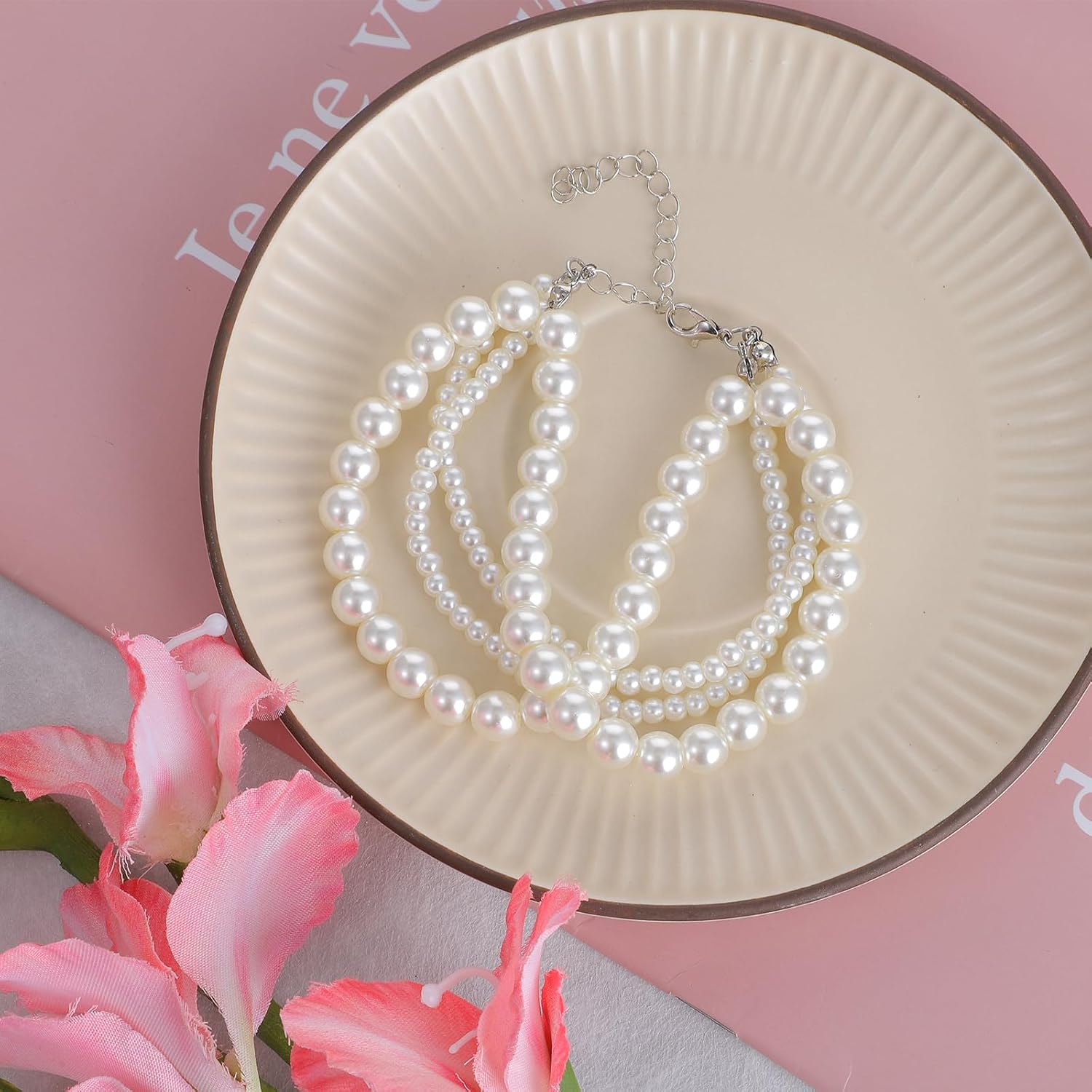 Women's White Pearl Bracelet Stack, Layered Pearl Bracelets for Women, Chunky Dainty Sets Faux Pearls Vintage Bangles, Chain & Stack Designs Fashion Jewelry - Image 4