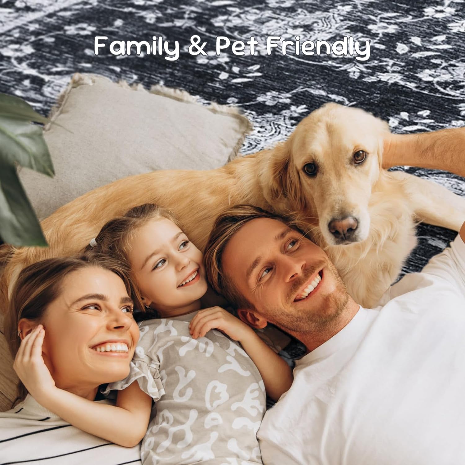 Lascpt 9x12 Area Rug, Washable Non-Slip Vintage Large Rugs for Living Room Bedroom Farmhouse, Soft Vintage Floor Carpet, Black