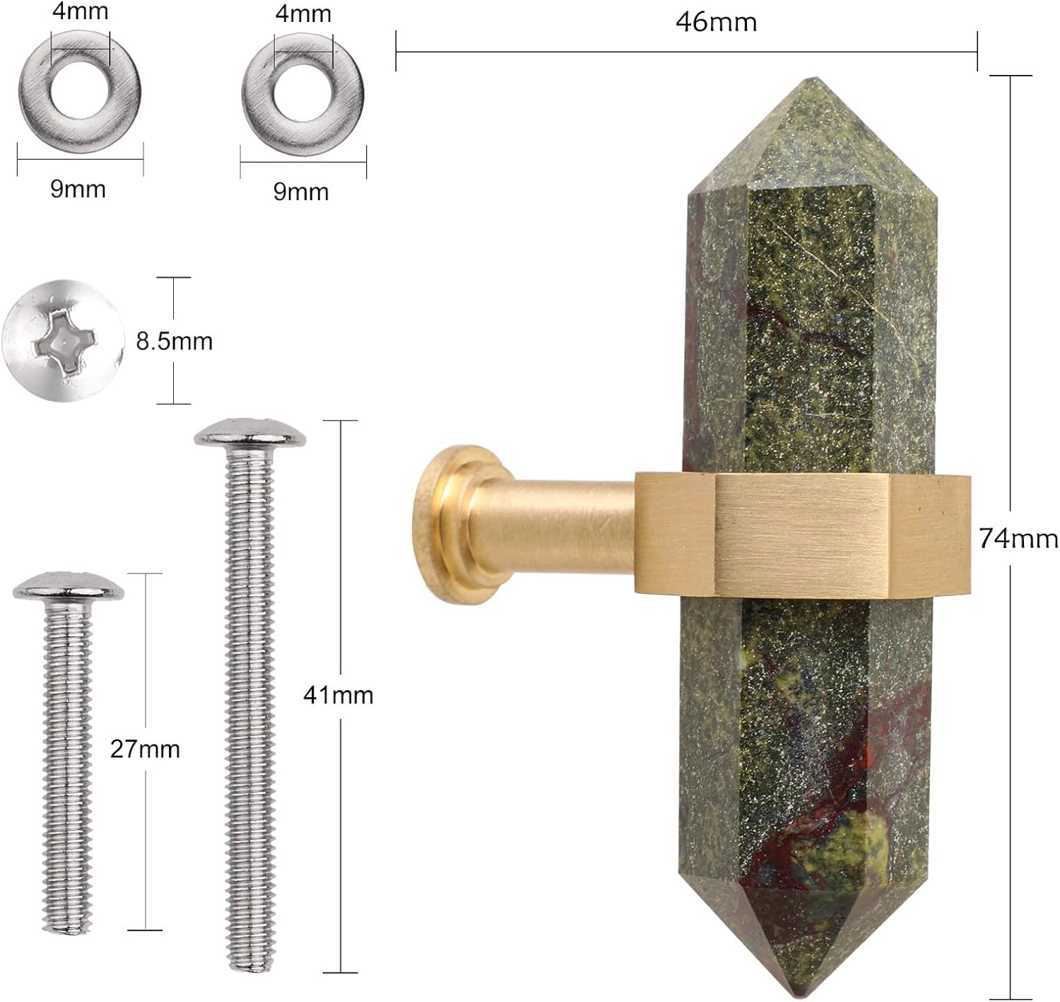 SUNYIK Pack of 2 Dragon Bloodstone Crystal Point Drawer Knobs with Screws, Hexagonal Double Point Stone Pull Handles for Cabinet Dresser Home Furniture Decor, Brass Handle
