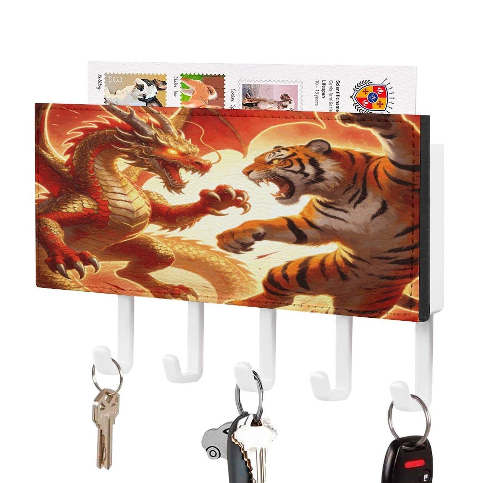 Colgador de llaves compacto adhesivo Dragon Versus Tiger con 5 ganchos y bandeja de correo