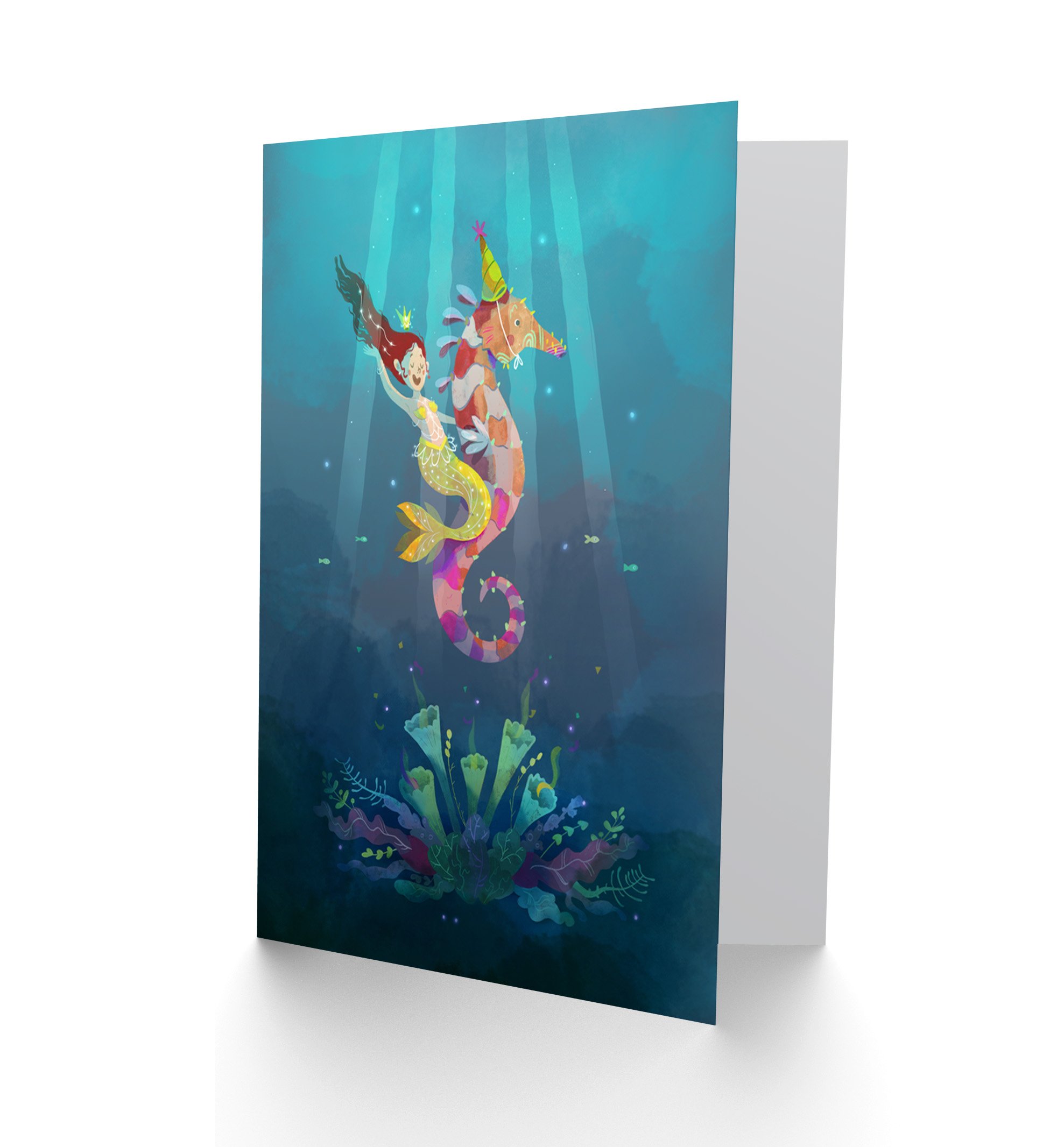 Wee Blue Coo Mermaid Seahorse Yellow Blank Greetings Card