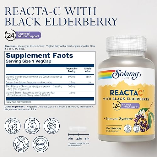 Miniatura 2 de SOLARAY Reacta-C con 500 mg de vitamina C, 200 mg de extracto de saúco negro de Sambucus Negro, vitaminas para defensa del sistema inmunológico,