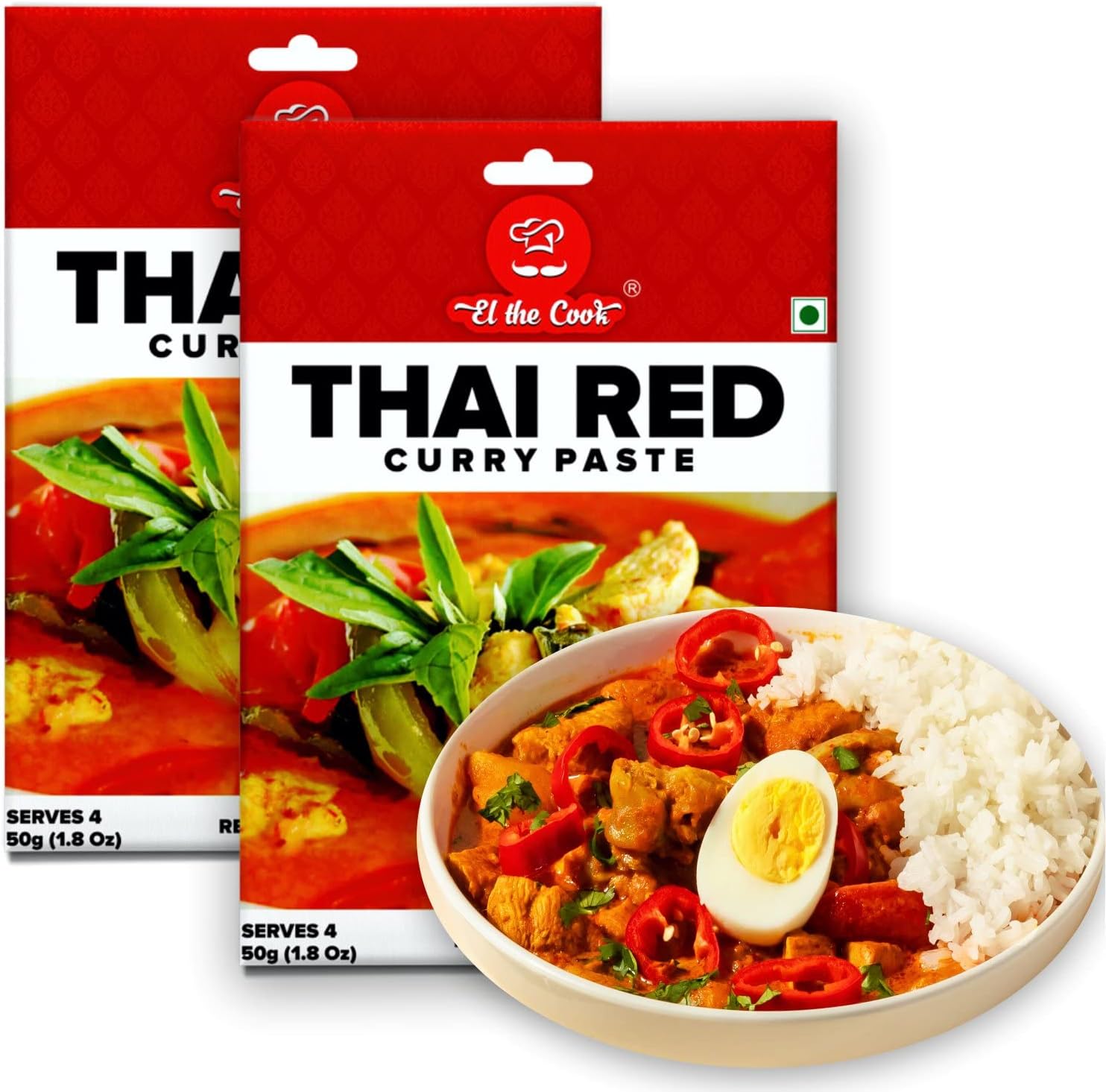 EL The Cook Red Thai Curry Paste - Spicy | 100% Veg & Natural | Make Restaurant Style Chicken, Fish, Prawn, Vegetable, Tofu Thai Curry Fresh at Home | 50g Pack Serves 4-5 | Ready to Cook | Pack of 2