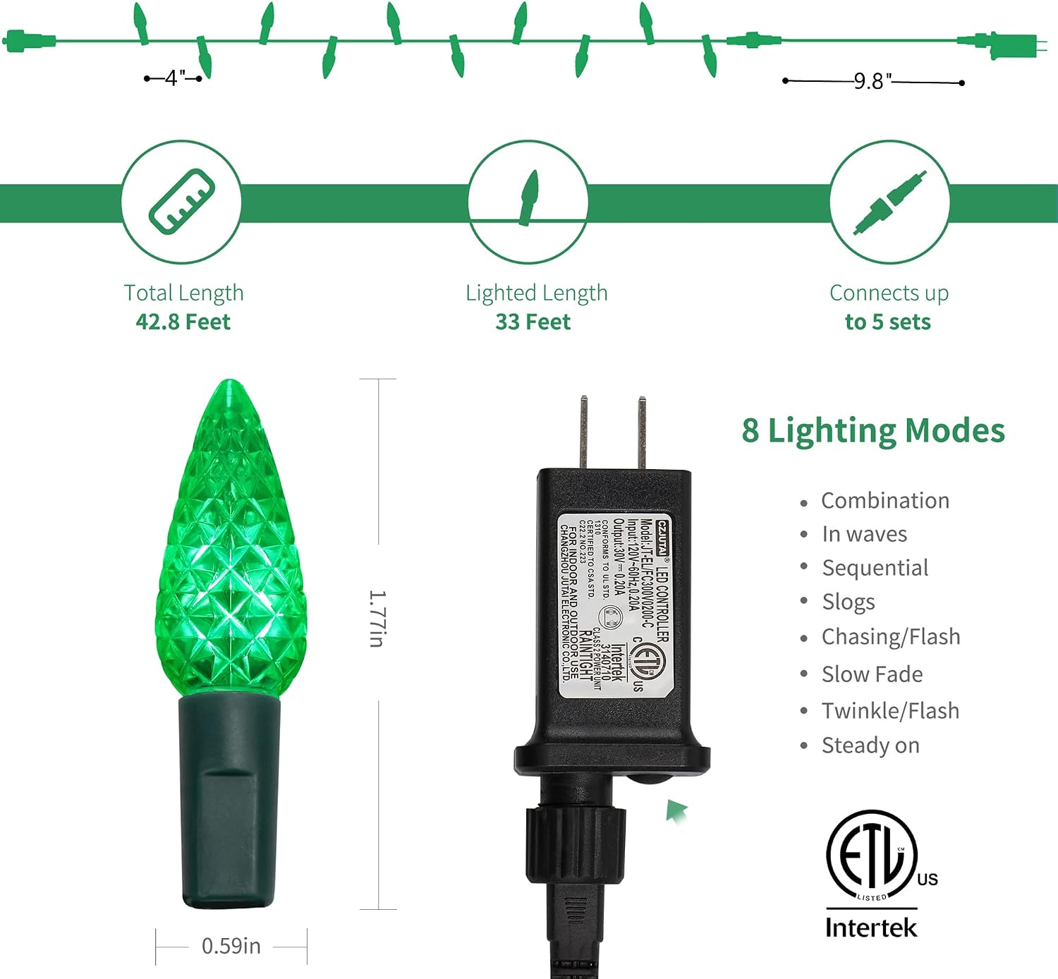 WATERGLIDE C6 Christmas Lights, 33ft 100 LED Faceted String Lights Green Wire Fairy Lights with 29V Safe Adaptor, 8 Lighting Mode, Waterproof for Indoor Outdoor Patio Xmas Tree Party Decor, Green