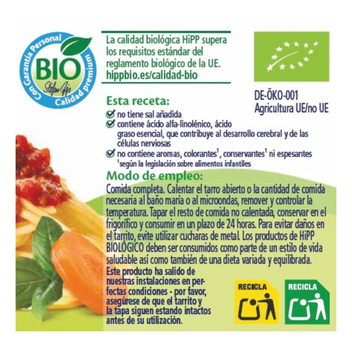 HiPP Biológico - Tarrito De Spaghetti Boloñesa BIO - Menú Bebé - 190g - Ingredientes de Producción Ecológica - A Partir de 6 Meses