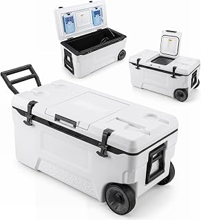 FANTASK Kühlbox, Große Thermobox aus Kunststoff (Weiß, 70 L) | mit Rollen & Griff, Isolierbox mit Ablaufstopfen, Getränkehalter & Sicherheitsverschluss
