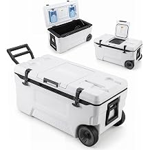Goplus 53/74 QT Insulated Hard Cooler, Portable Rolling Cooler w/Wheels, Handles, Molded Ice Chest w/Bottle Opener, Fish Ruler, Phone & Cup Holders, Keeps Ice 6 Days for Camping Fishing