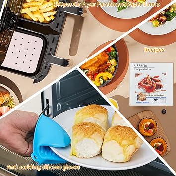 Dual Basket Air Fryer Accessories, 15pcs Set for Ninja DZ401 DZ201 Foodi Dualzone Air Fryers with 100pcs Air Fryer Liners, 2 Non-Stick Pans, Bread,Toasting,Skewer Racks, 6 Cake Cups, 2 Mitts, Recipes
