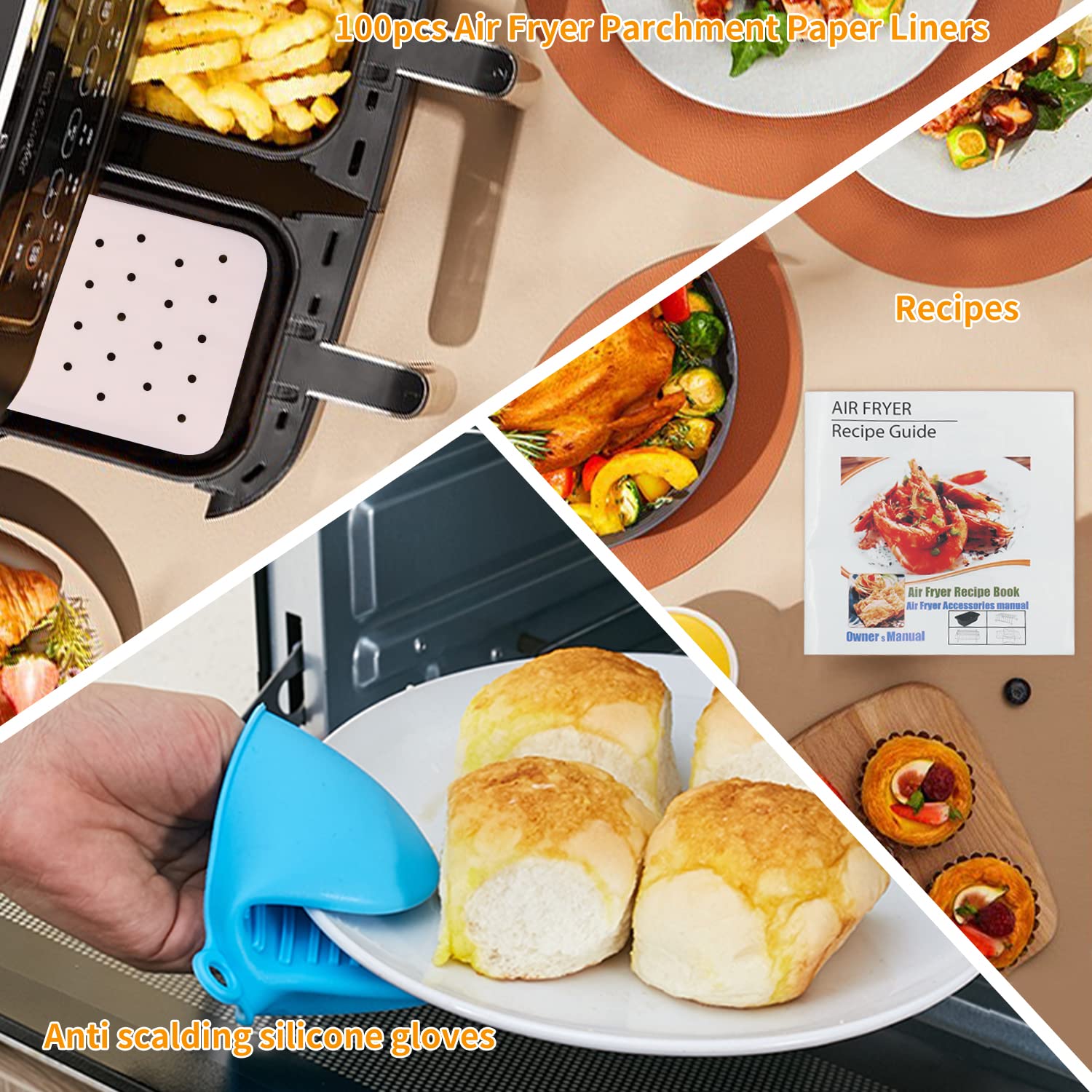 Dual Basket Air Fryer Accessories, 15pcs Set for Ninja DZ401 DZ201 Foodi Dualzone Air Fryer with 100pcs Air Fryer Liners, 2 Non-Stick Pans, Bread,Toasting,Skewer Racks, 6 Cake Cups, 2 Mitts, Recipes