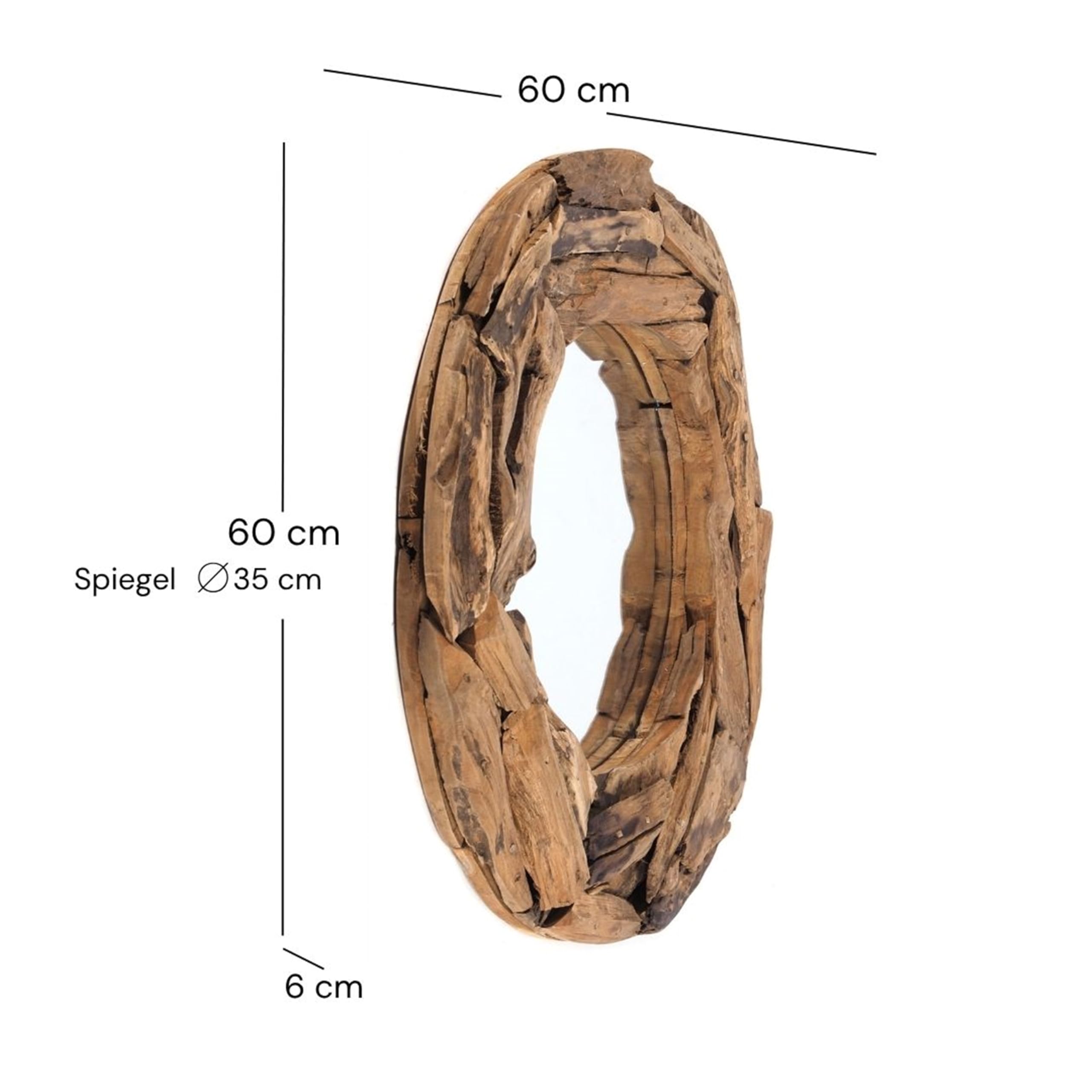 DESIGN DELIGHTS Specchio rotondo da parete in teak da 60", in legno di teak (eroso), naturale, Ø 60 cm, con cornice in legno