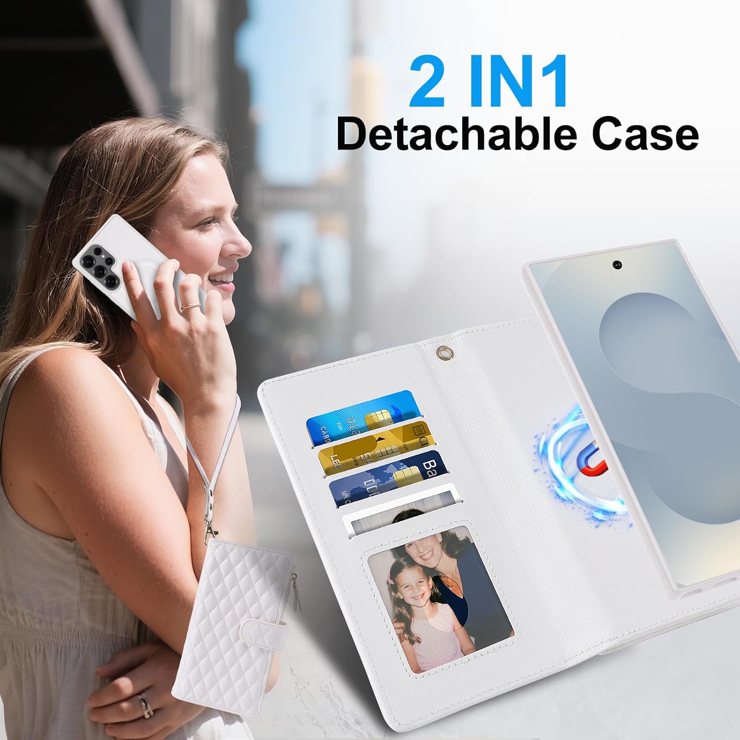 Harryshell 2 in 1 for Samsung Galaxy S24 Ultra Wallet Case Magnetic Compatible with Magsafe RFID Blocking Card Holder Detachable Phone Cover Zipper Purse Kickstand Wrist Strap Men Women Quilted White