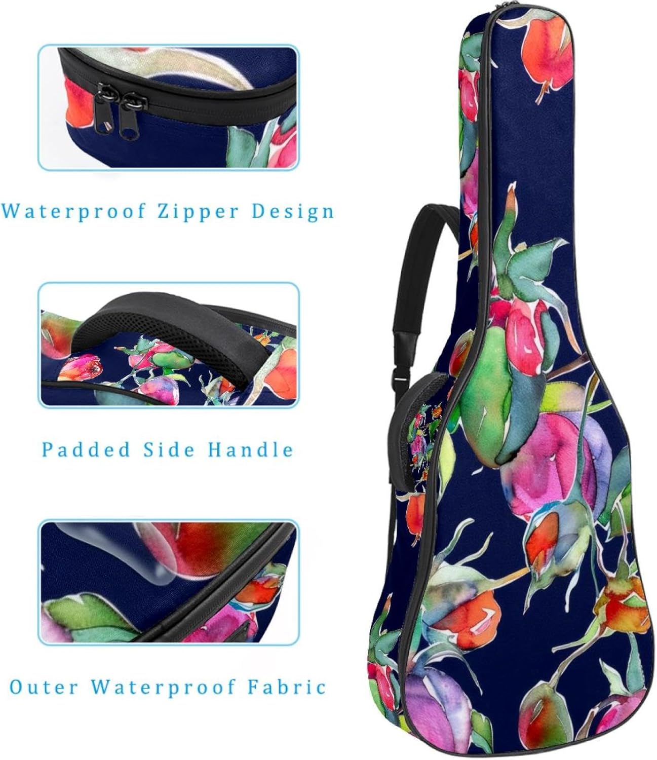 Acoustic Guitar Gig Bag 1 cm Thick Padding, Waterproof Electric Guitar Bag 40-42 Inch Guitar Case Backpack with Dual Shoulder Strap, Seamless Watercolor Rose Hip Pattern