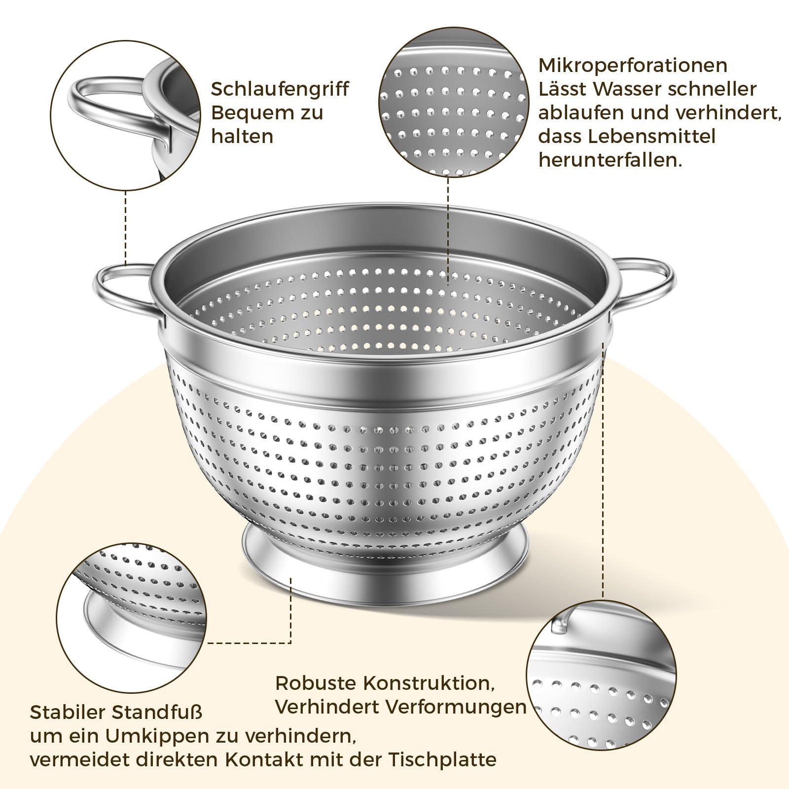 Set di 3 colino da cucina in acciaio inox, 20/24/26 cm, filtro da cucina in metallo con manico, filtro a maglia fine per lavare pasta, verdure, frutta e riso (5)