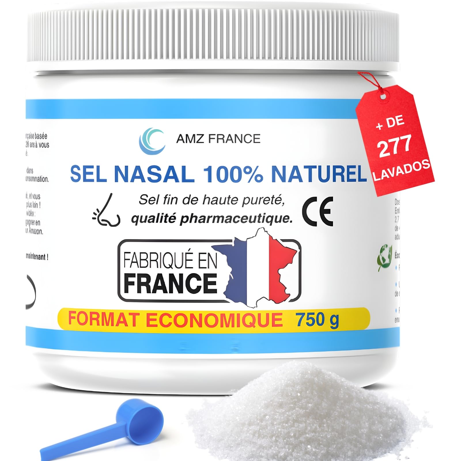 Sal Nasal 750 g, 100% Natural, Calidad Farmacéutica, Fabricado en FRANCIA | 277 Lavados Nasales (Caja XXL) - Niño Adulto - Producto de Bienestar
