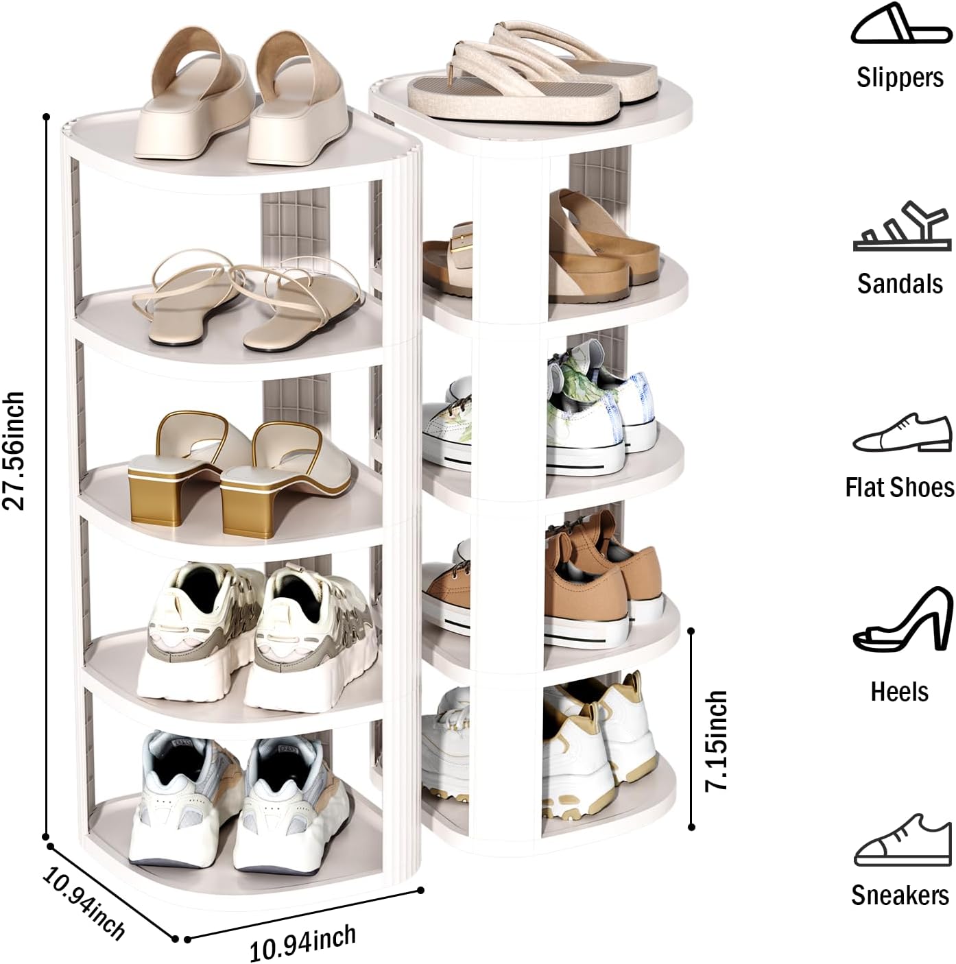 10 Tiers Free Standing Shoe Racks, Sturdy Narrow Shoe Shelf, Tall Shoe Rack for Closet, Entrance, Living Room, White