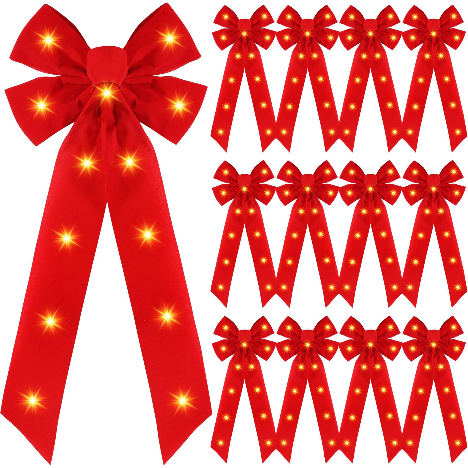 Crowye 12 Pcs Red LED Christmas Bows Lighted Xmas Bows Decoration Red Velvet Wreath Bows LED Light Bows Christmas Tree Topper for Indoor Outdoor Christmas Winter Decoration(8 x 19 Inches)