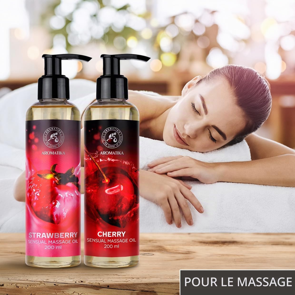 Huile de Massage Sensuel Set 2x200ml - Fraise & Cerise - Mélange Naturel d'huiles de Pépins de Raisin et Amande - Huile Corporelle pour Lui et pour Elle - Huile de Massage Relaxante