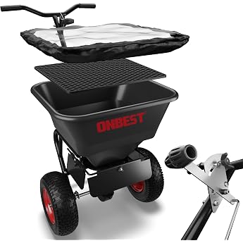 onbest spreader - fertile spreader - flexible spreader width - 45 liter spreader - universal for winter service sowing aid or fertile trolley for lawn - slingshot spreader with pneumatic tires