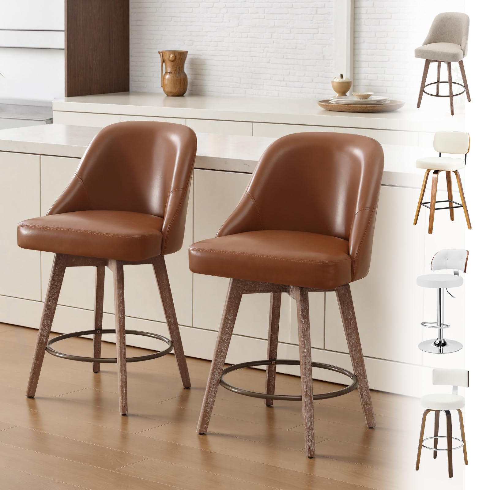 Bekrvio Counter Height Bar Stools Set of 2, Modern Mid-Century Swivel Barstools with Backs and Wood Legs, Linen Fabric Upholstered Chairs 65CM Seat Height Counter Stools (PU-Brown, 2PCS)