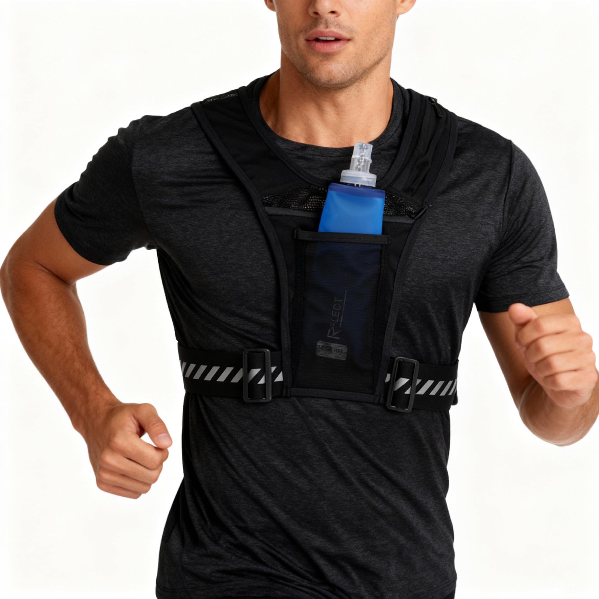 R-FLECT - Gilet de Course à Pied UltraRun20 - Gilet Running Homme/Femme Ultra Léger et Respirant - Sac de Trail Ajustable avec Poches Gourde, Téléphone et Gels - Haute Visibilité - Noir