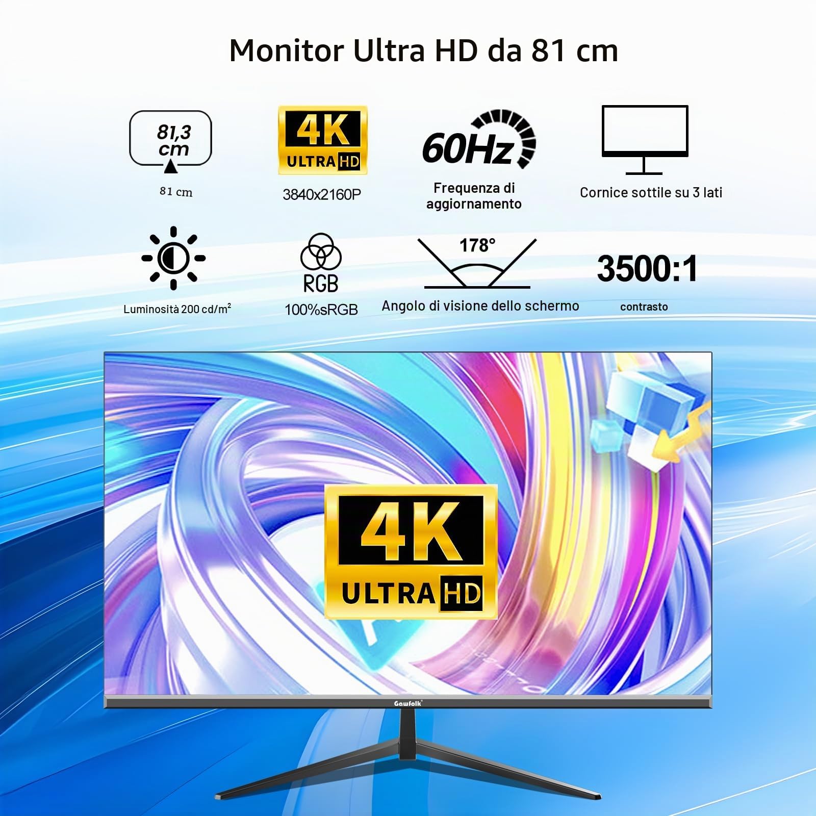 Gawfolk Display PC 4K UHD da 32 pollici, monitor per computer ultra nitido (3840×2160p), 100% sRGB, angolo di visione di 178°, porta HDMI、Display, compatibile con montaggio a parete 100 * 100MM - Nero