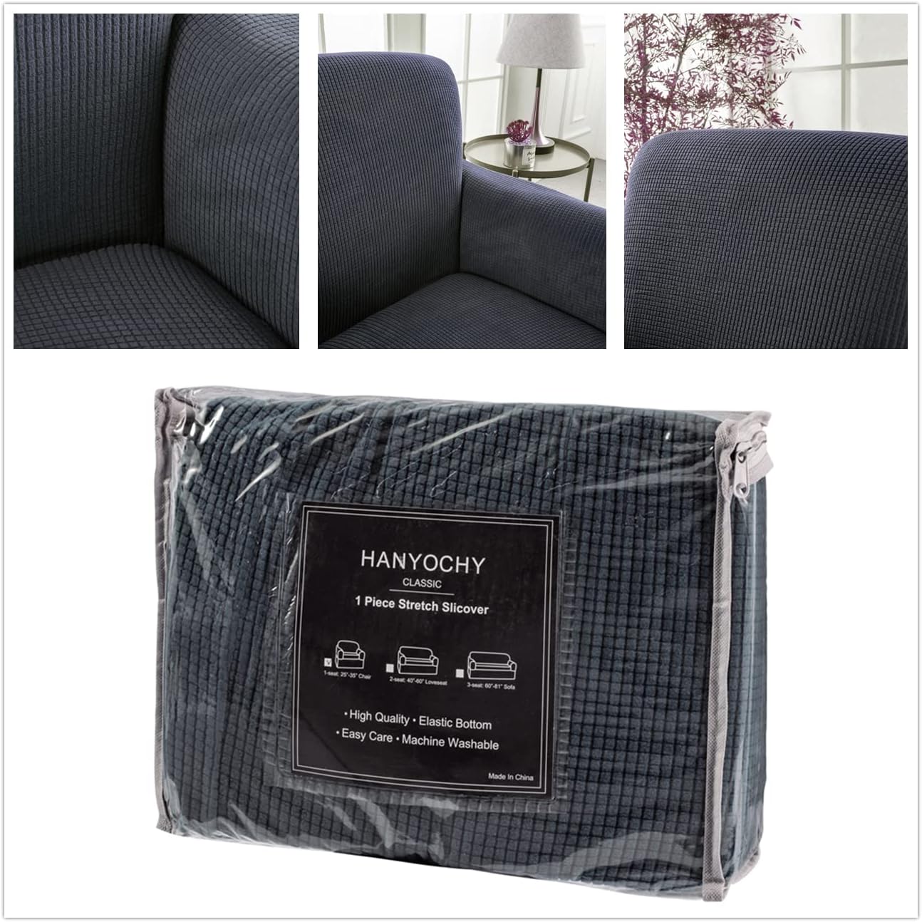 HANYOCHY Stretch Sofa Slipcover 1 Piece Strap Couch Cover 3 Seaters Sofa Cover with Elastic Bottom Soft Spandex Jacquard Fabric Furniture Protector for Living Room, Sofa, Grey : Home & Kitchen
