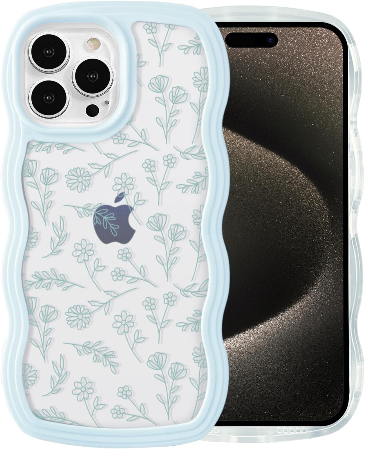 QLTYPRI for iPhone 15 Pro Case, Cute Curly Wave Frame Clear Case for Girls Women, Flower Clear TPU Bumper Slim Soft Silicone Shockproof Protective Phone Cover for iPhone 15 Pro - Light Blue Floral