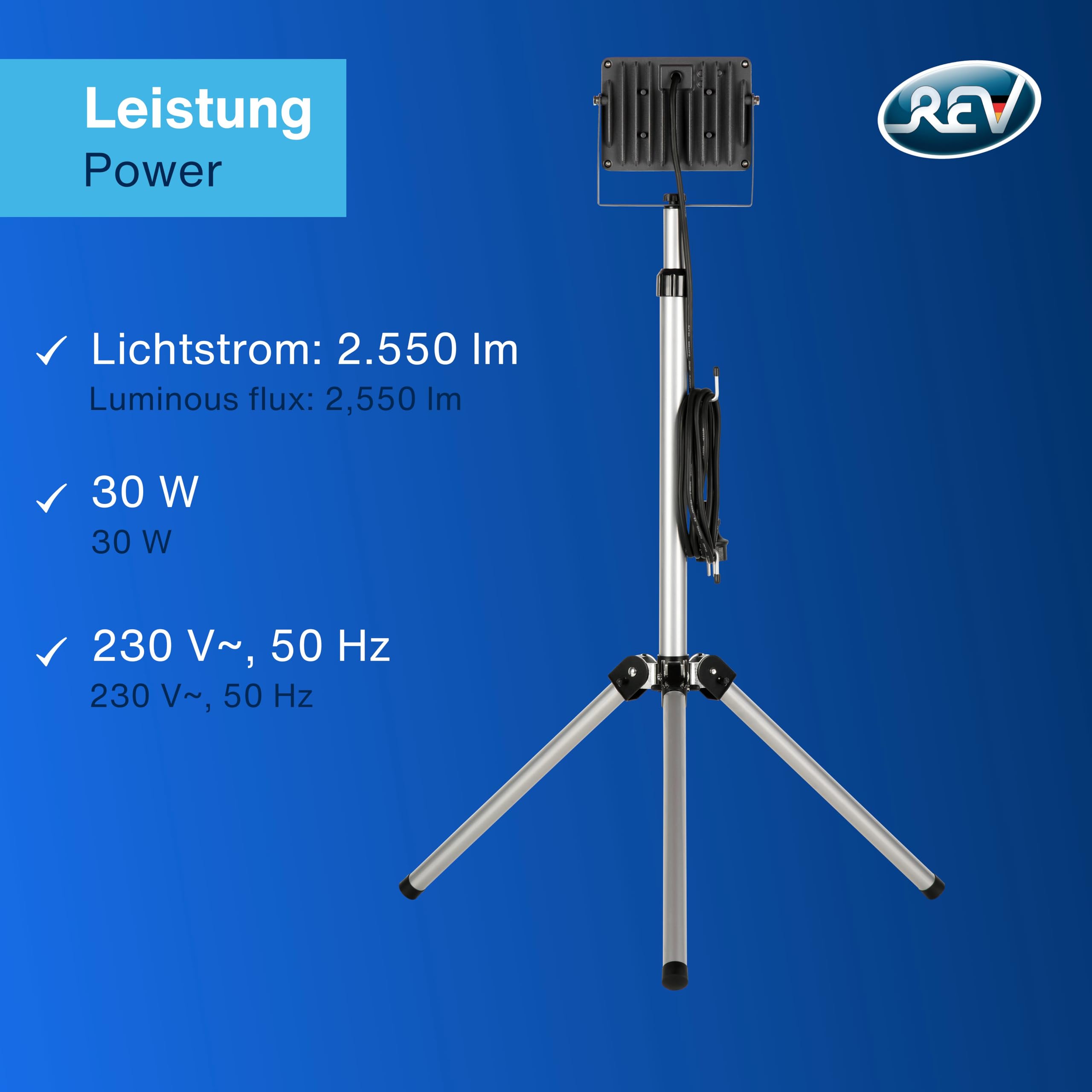 REV Baustrahler mit Stativ - 30W, 2550lm, 6500K, robuste Baustellenlampe für Baustelle, Werkstatt & Keller, Baulampe IP65 für innen & außen, silber