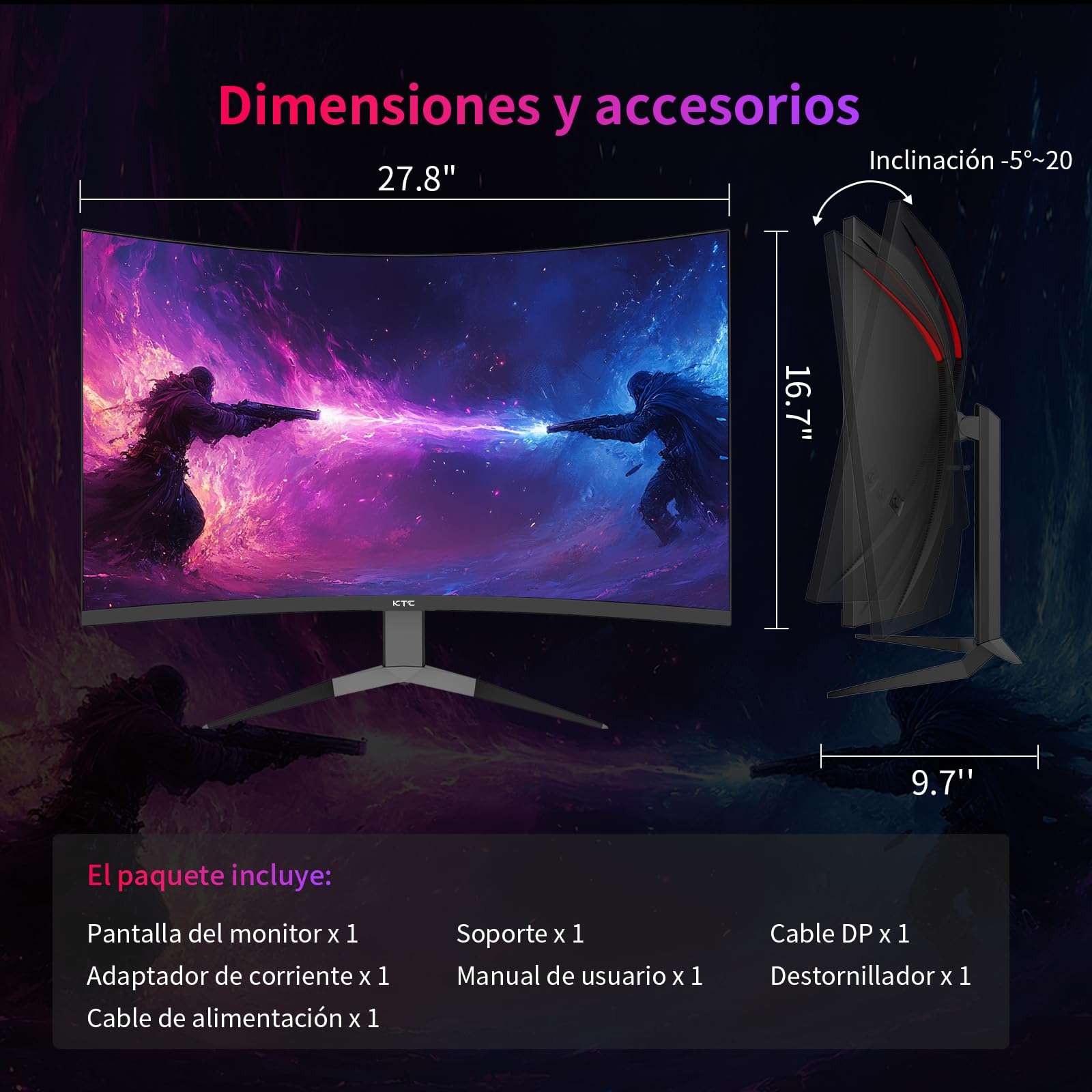 KTC Monitor 32 Pulgadas Curvo 1000R, Monitor Gaming 2K WQHD (2560x1440p) 240Hz, MPRT 1ms, Adaptive Sync, 122% sRGB, Contraste 4000:1, DP 1.4 (240Hz), HDMI 2.0 (144Hz), inclinación y Soporte VESA