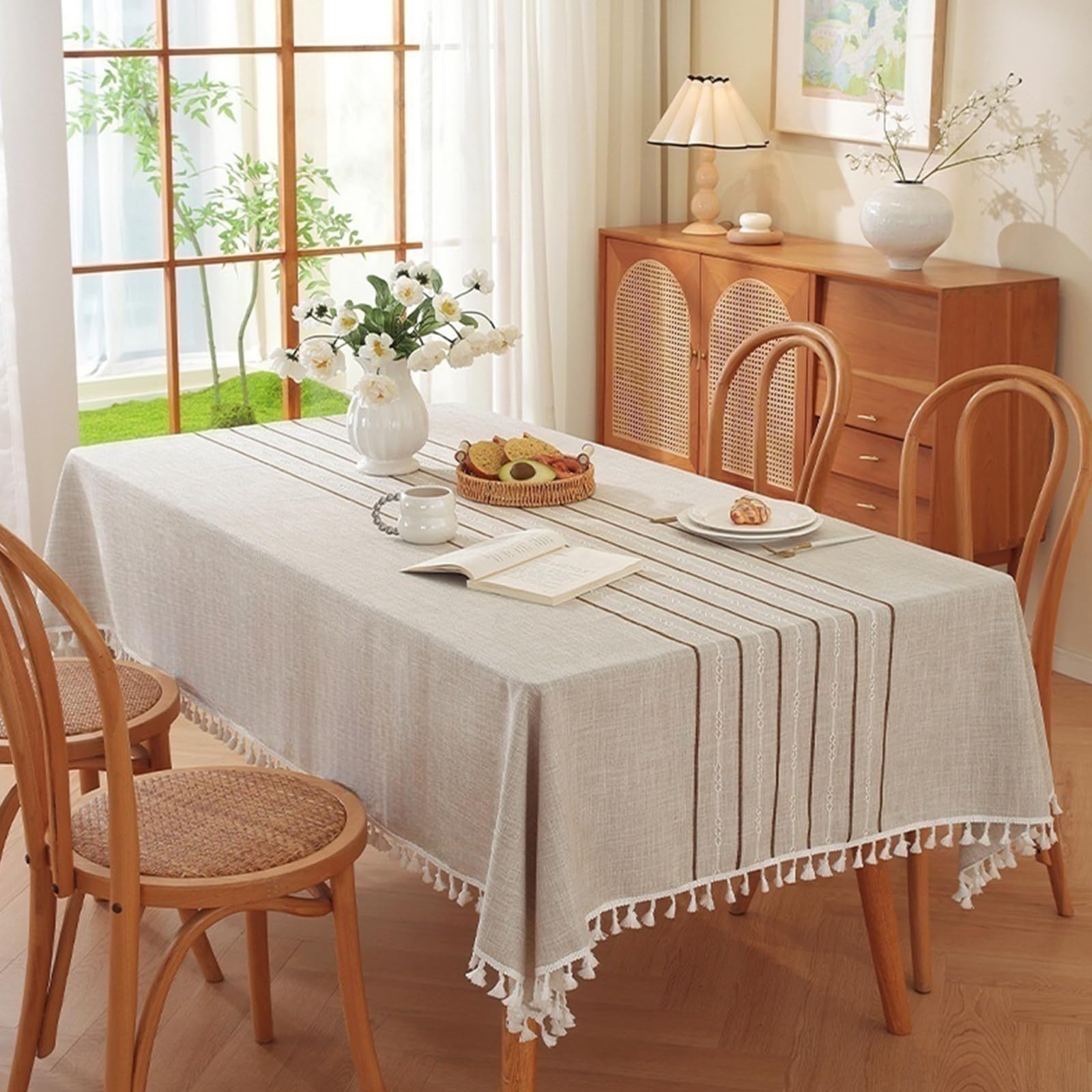 Tovaglia IMPERMEABILE per Tavolo da Cucina - Tessuto Cotone Lino con Nappe， Respinge Liquidi e Macchie - 120x340cm， Pulizia con un Semplice Strofinaccio