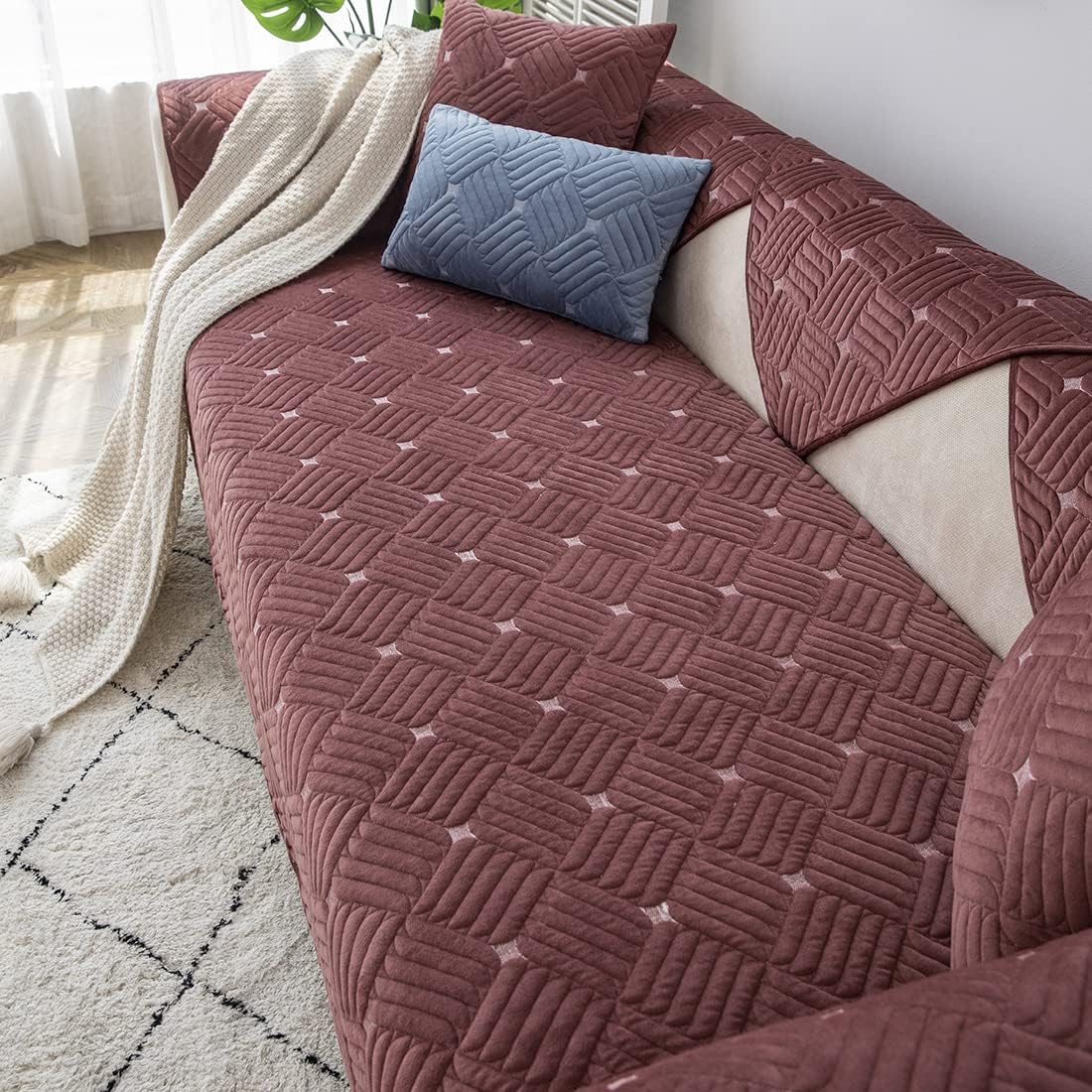 vctops Soft Warm Plush Sofa Couch Covers Weave Pattern Non-Slip Sectional Couch Covers Sofa Slipcover for Dogs Cats Pet Love Seat Recliner Leather L Shaped, Armrest Backrest Cover (Dousha,28"x82")