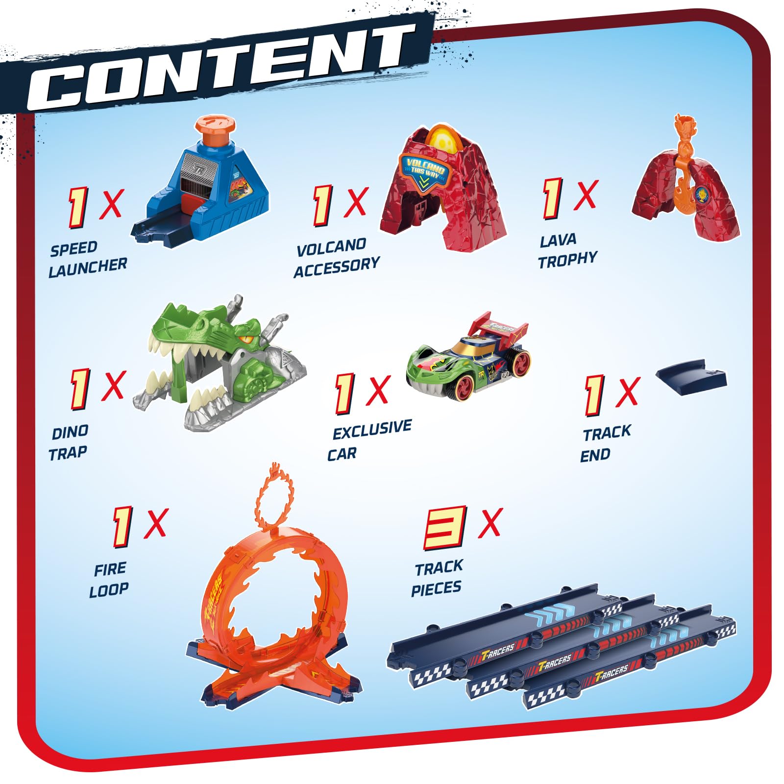 T-Racers Mix 'N Race Volcanosaurus Piste für Spielzeugautos, enthält 1 Auslöser, 3 Pisten, 1 Exklusives Nitro Rex Auto und 4 Stunts