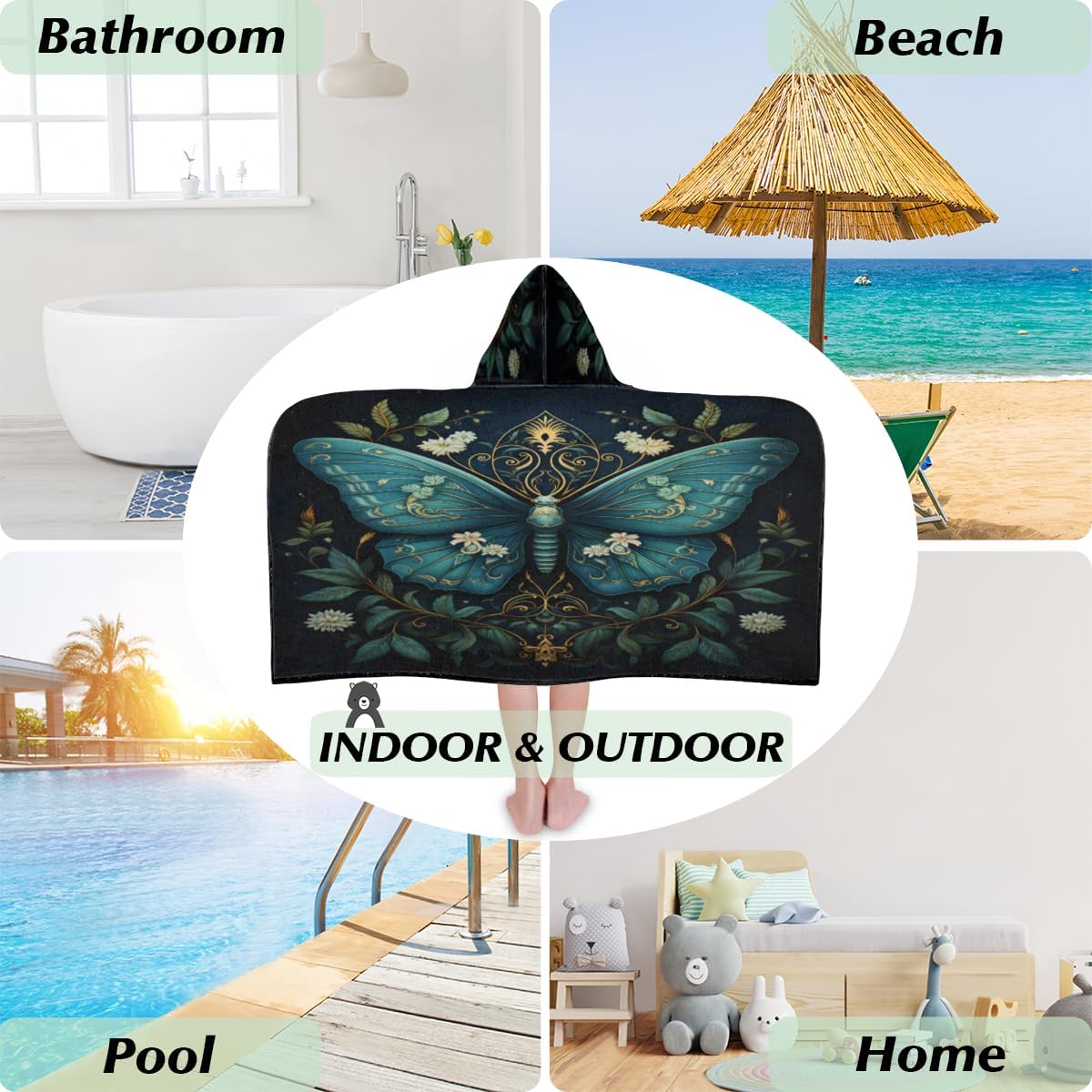 Pardick Kids Bath Towel Ethnic Butterfly Daisy Beach Towel with Hood Pool Cover Up for Girls Boys Soft Absorbent Hooded Bath Towel Toddler Towels for Beach, Pool