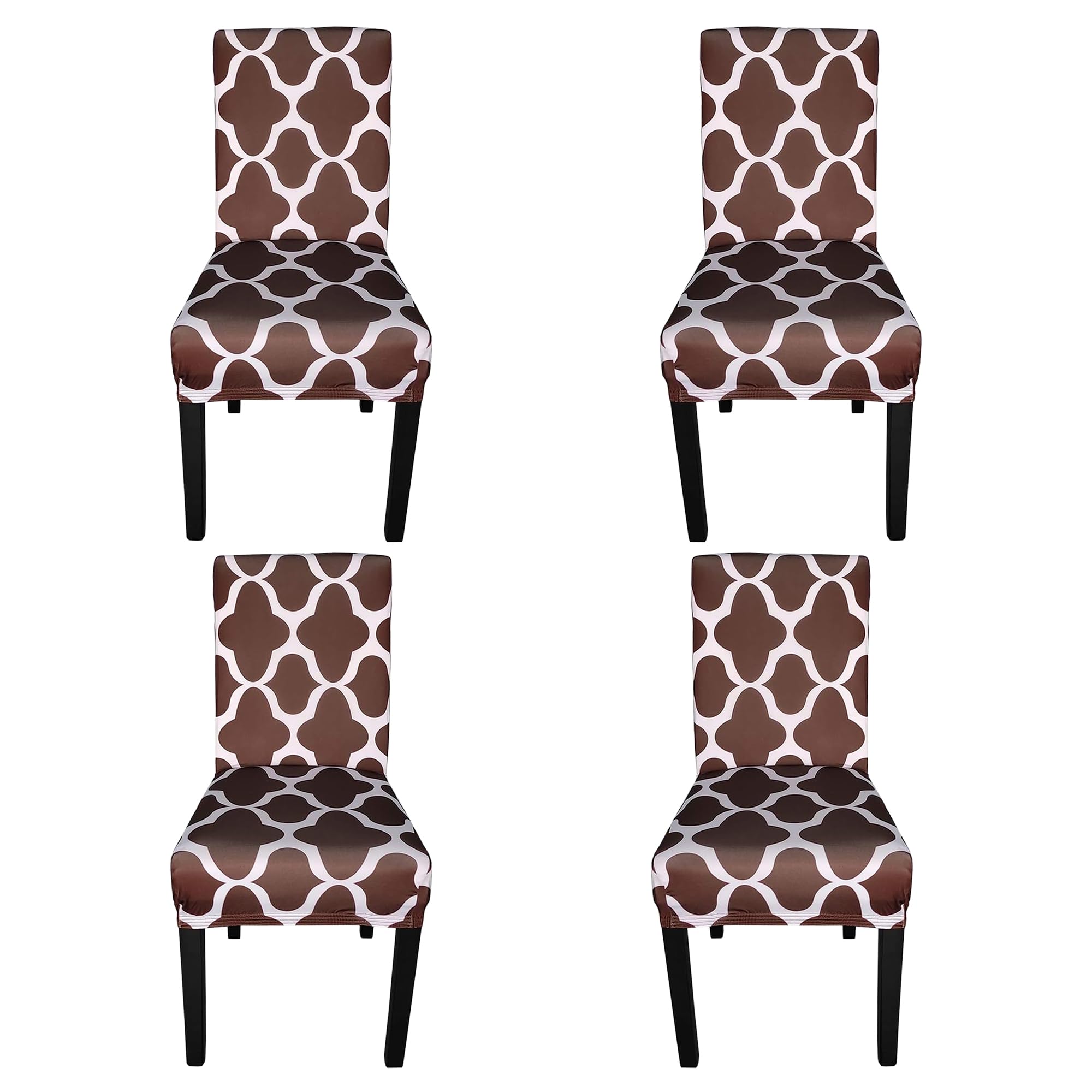 Printed High-Back Chair Covers for Dining Room Chairs – Spandex Stretch, Universal Armless Chair Protective Slipcover for Kitchen, Wedding, Party, Banquet & Hotel, Trellis Design - Brown, Pack of 4