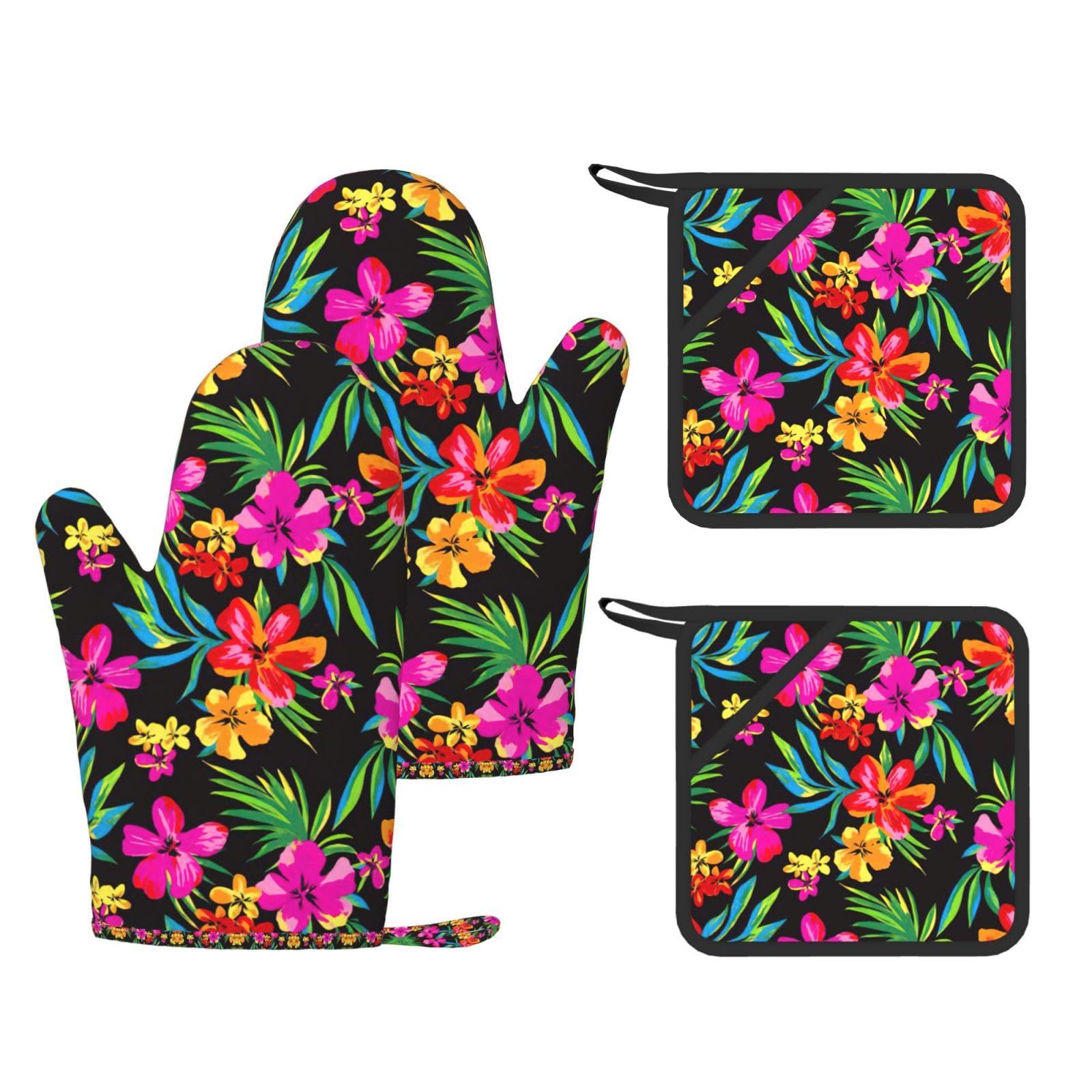 Hawaiian Colorful Flower Printed Oven Mitts and Pot Holders Set of 4, Heat Resistant Silicone Gloves for Baking Grilling