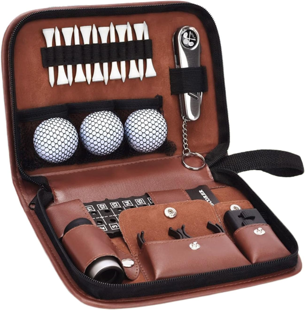 Golf Accessory Storage Set - Golf Gift Sets, Multifunctional Large Capacity Leather Bag, Outdoor Portable Toolkit, Easy To Carry, Brown