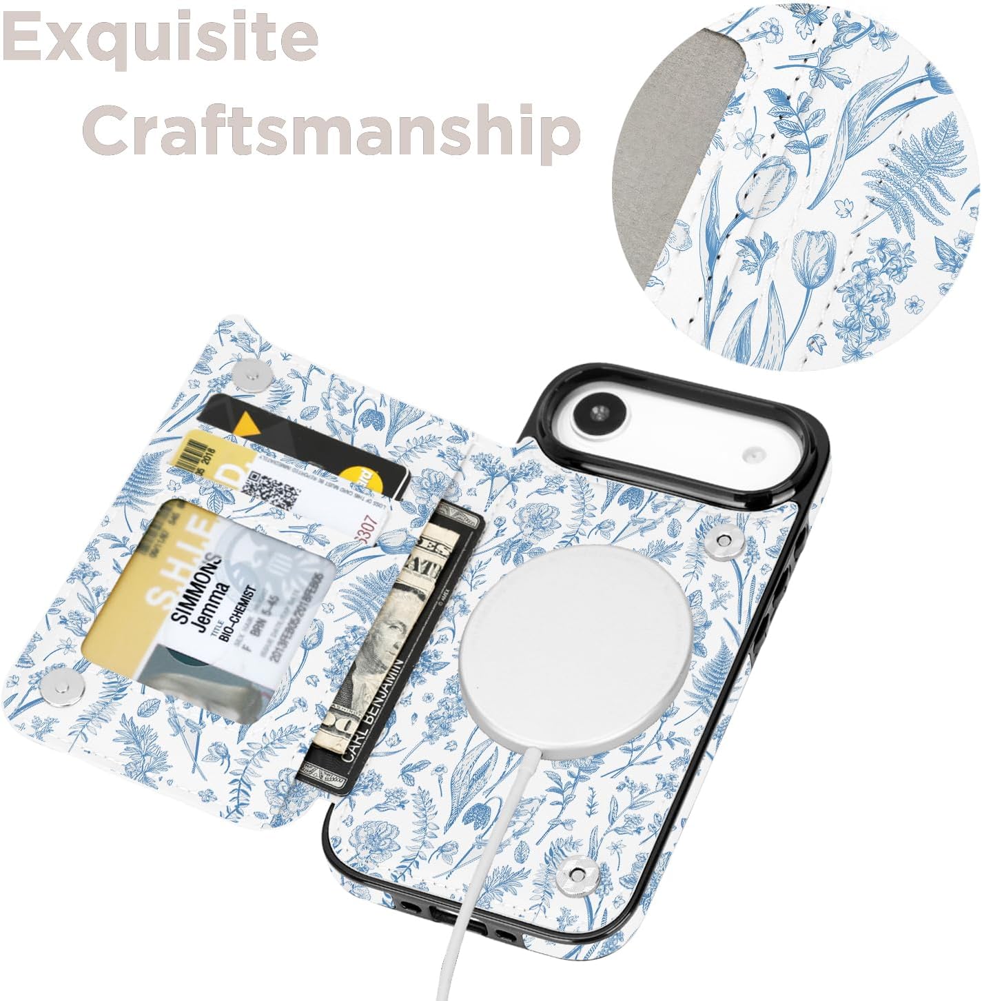 uCOLOR for iPhone 17 Air Wallet Case Magsafe with Card Holder Slot【Compatible with MagSafe】 Folio Flip PU Leather Double Magnetic RFID Design with Camera Lens Protector 6.5" (Blue Toile Flowers) - Image 4